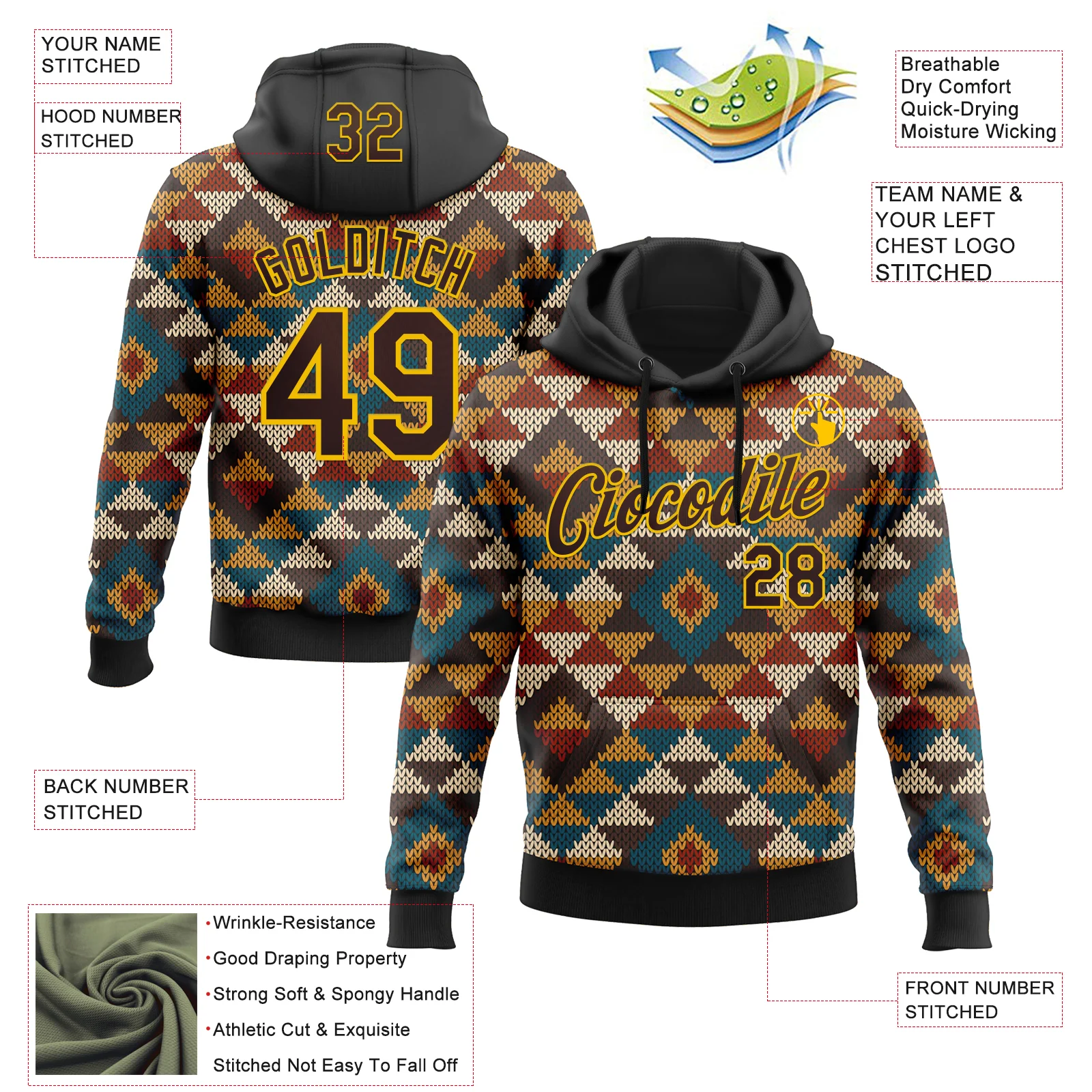 Custom Stitched Black Brown-Yellow 3D Pattern Design Tribal Ethnic Native American Sports Pullover Sweatshirt Hoodie - Image 2
