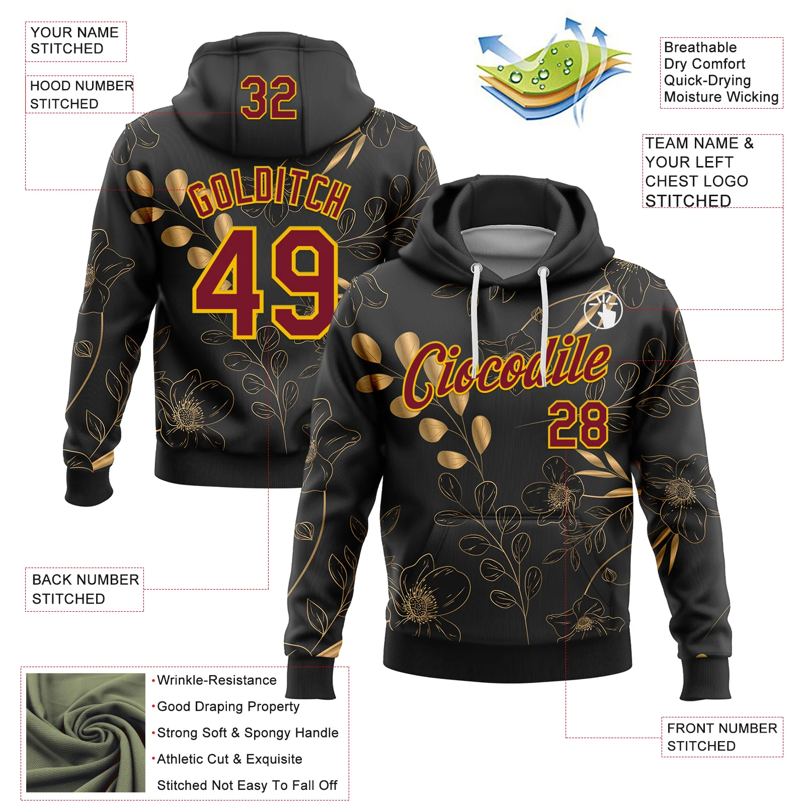 Custom Stitched Black Crimson-Yellow 3D Pattern Design Golden Subtle Floral Sports Pullover Sweatshirt Hoodie - Image 2