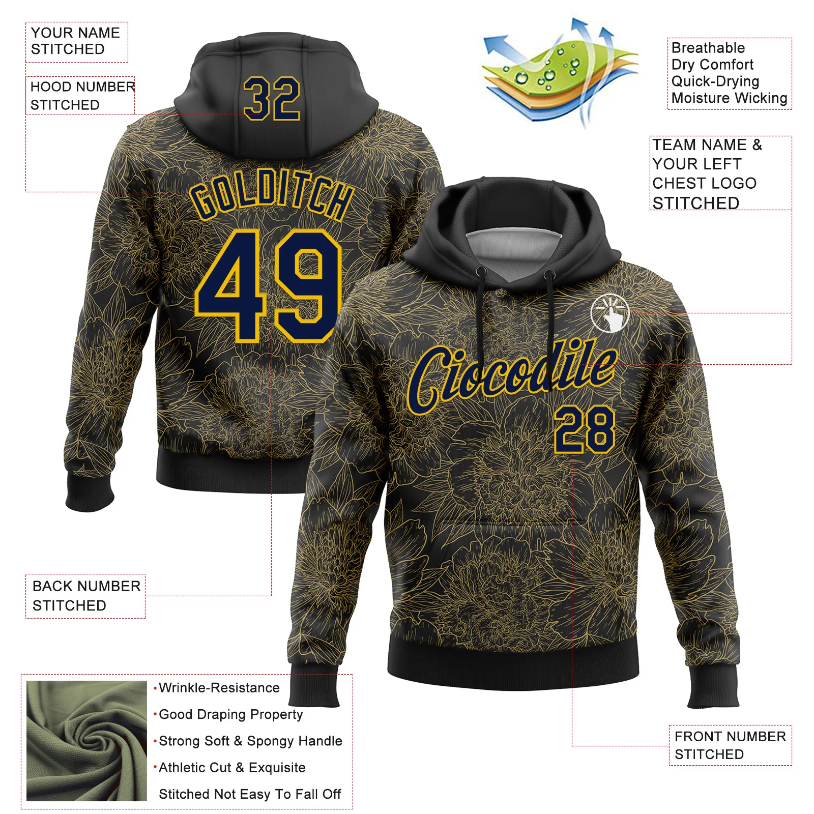 Custom Stitched Black Navy-Yellow 3D Pattern Design Golden Subtle Floral Sports Pullover Sweatshirt Hoodie - Image 2