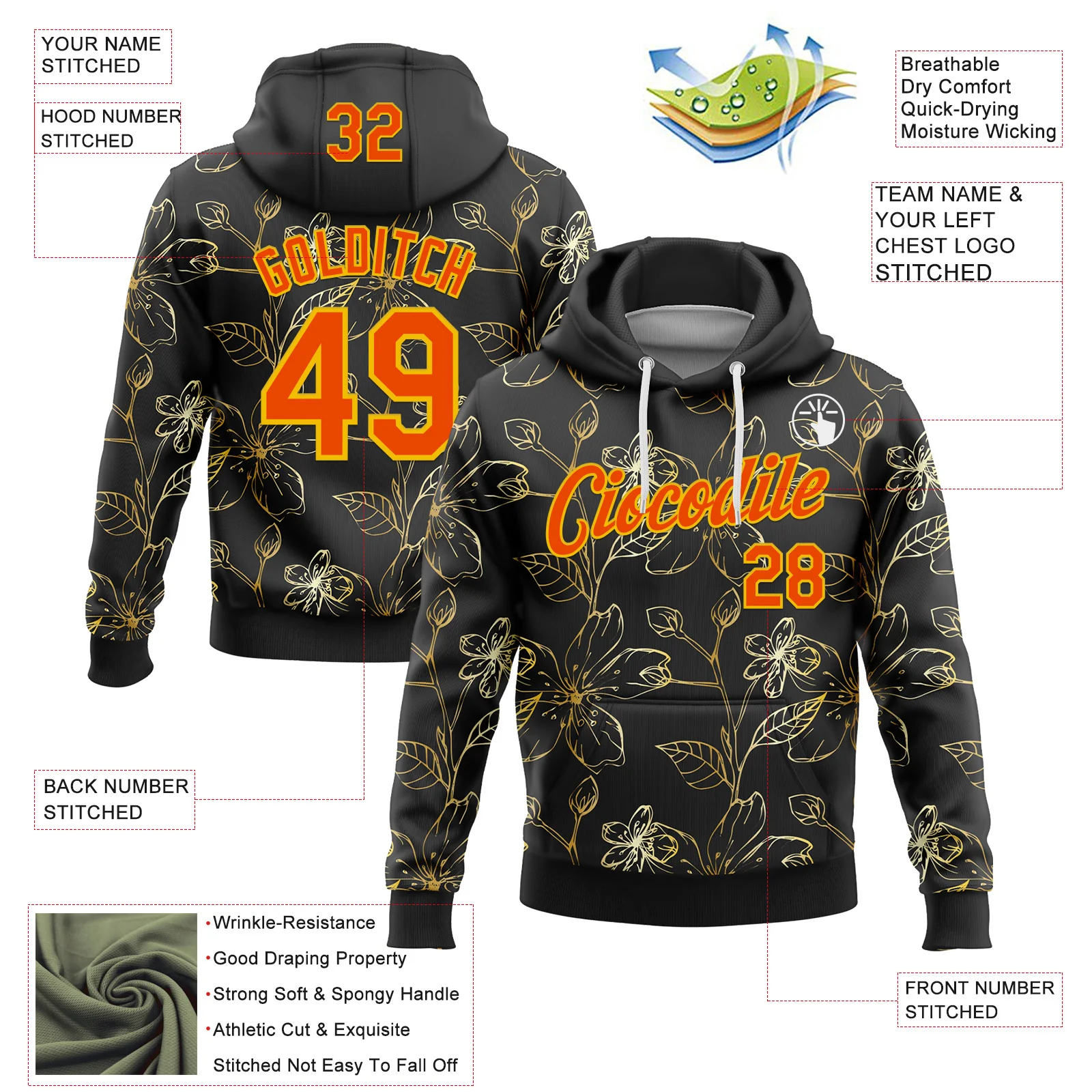 Custom Stitched Black Orange-Yellow 3D Pattern Design Golden Subtle Floral Sports Pullover Sweatshirt Hoodie - Image 2