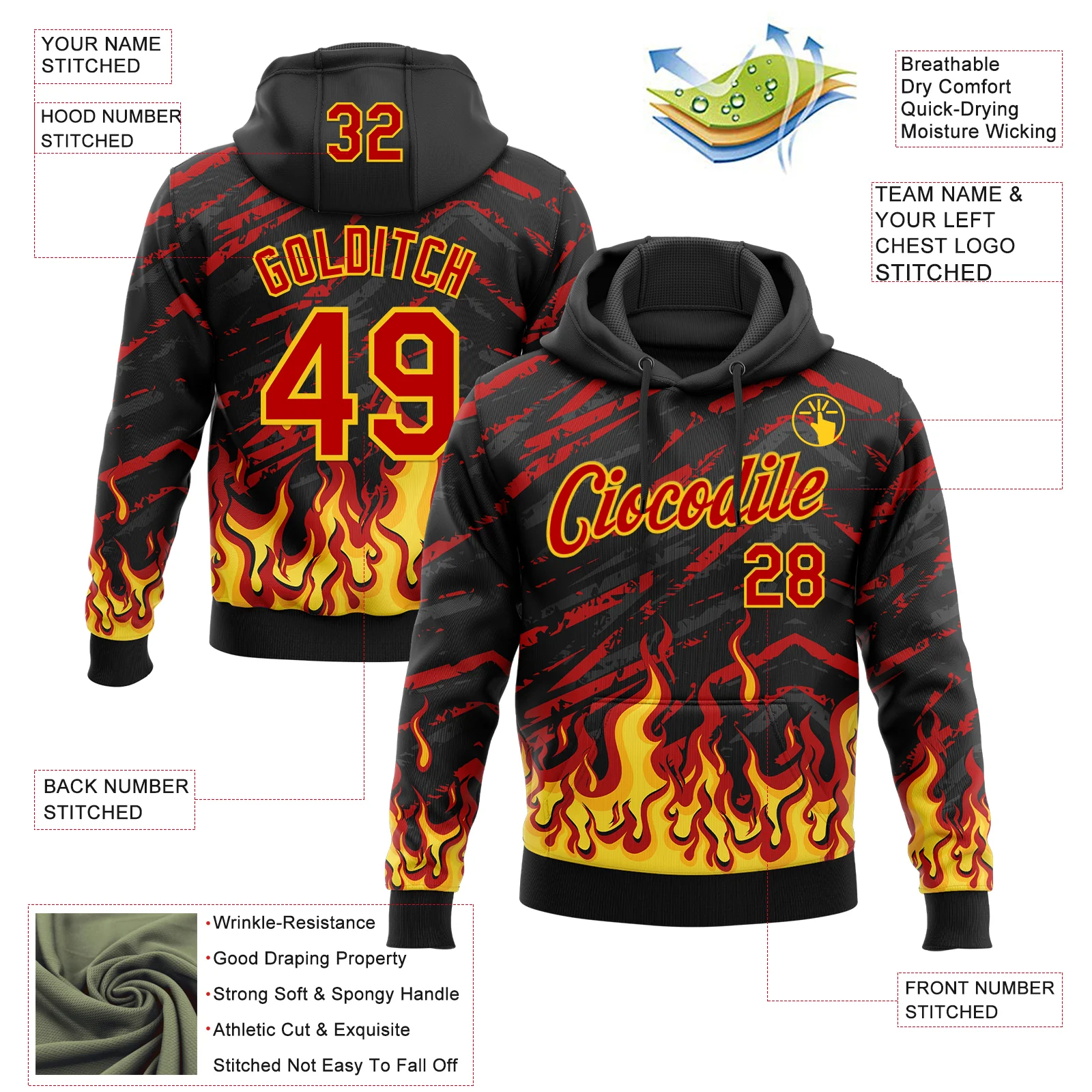Custom Stitched Black Red-Yellow 3D Pattern Design Flame Sports Pullover Sweatshirt Hoodie - Image 2