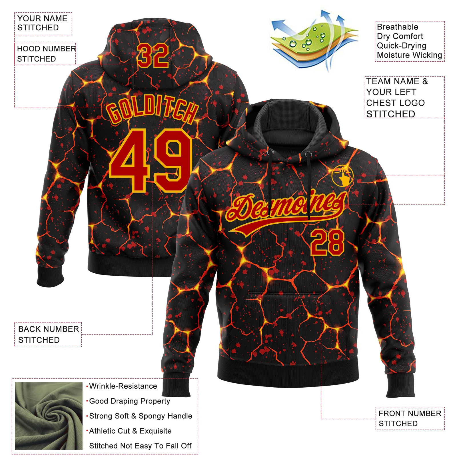 Custom Stitched Black Red-Yellow 3D Pattern Design Flame Sports Pullover Sweatshirt Hoodie - Image 2