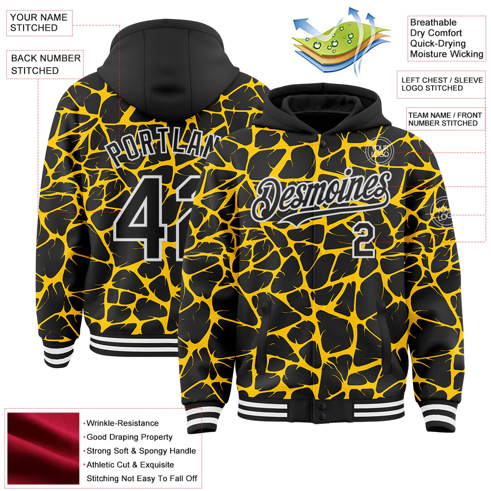 Custom Black Yellow-White Abstract Network Bomber Full-Snap Varsity Letterman Hoodie Jacket - Image 4