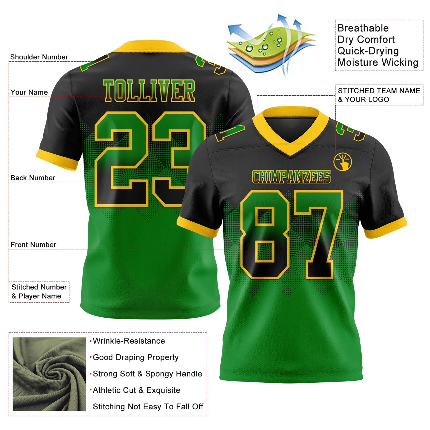 Custom Black Grass Green-Yellow Authentic Gradient Square Shape Flag Football Jersey - Image 2