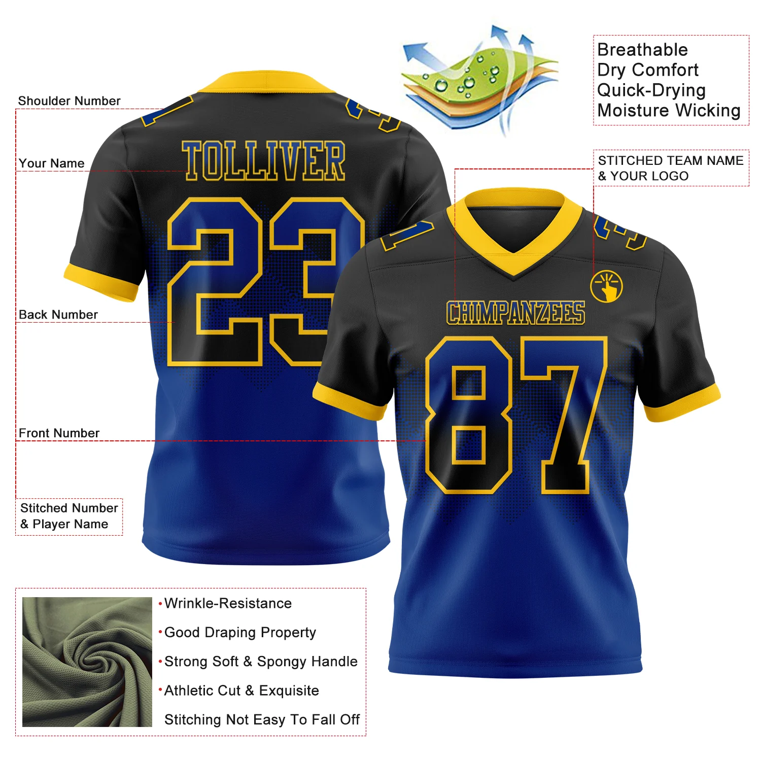 Custom Black Royal-Yellow Authentic Gradient Square Shape Flag Football Jersey - Image 2