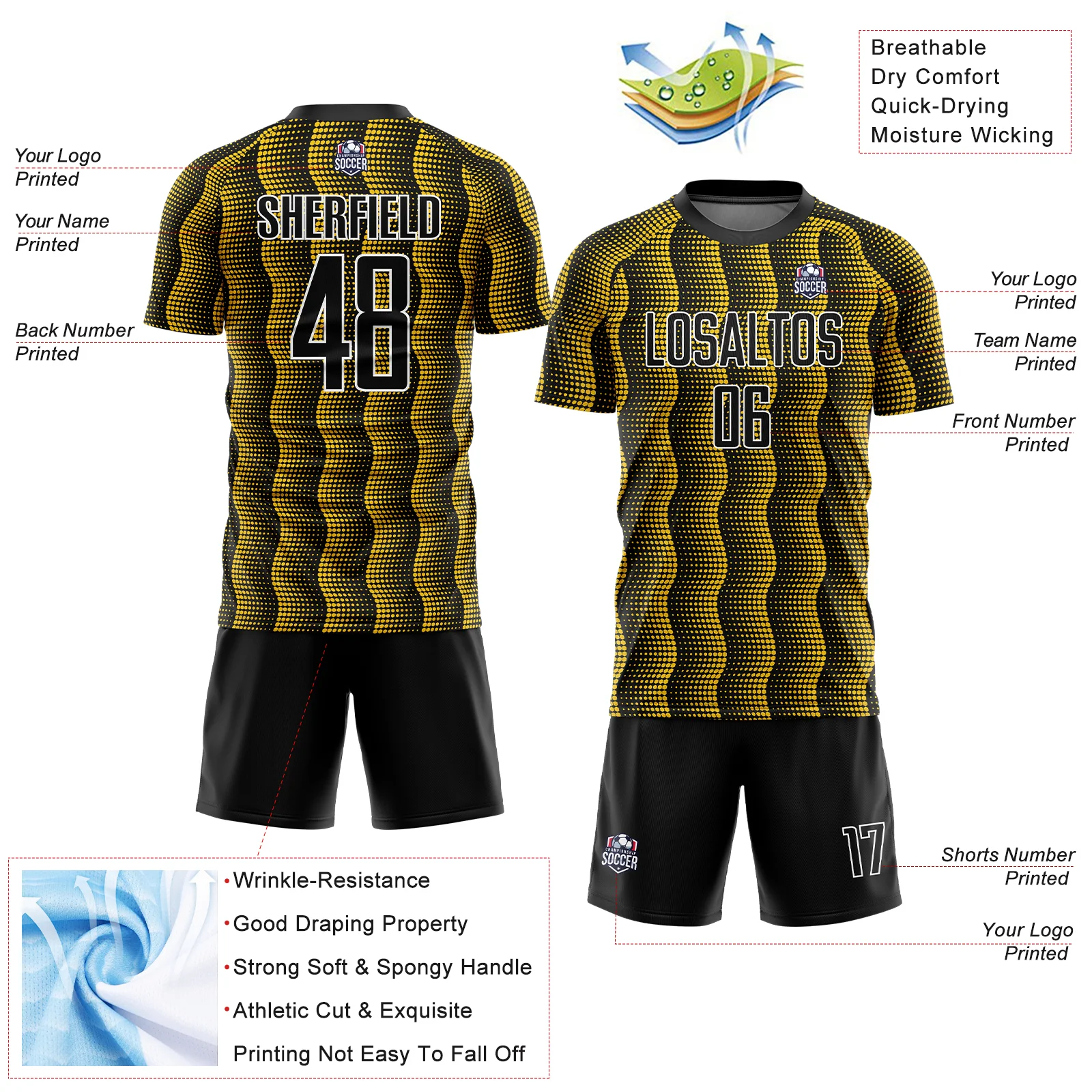 Custom Black Yellow-White Geometric Shape Sublimation Soccer Uniform Jersey - Image 4