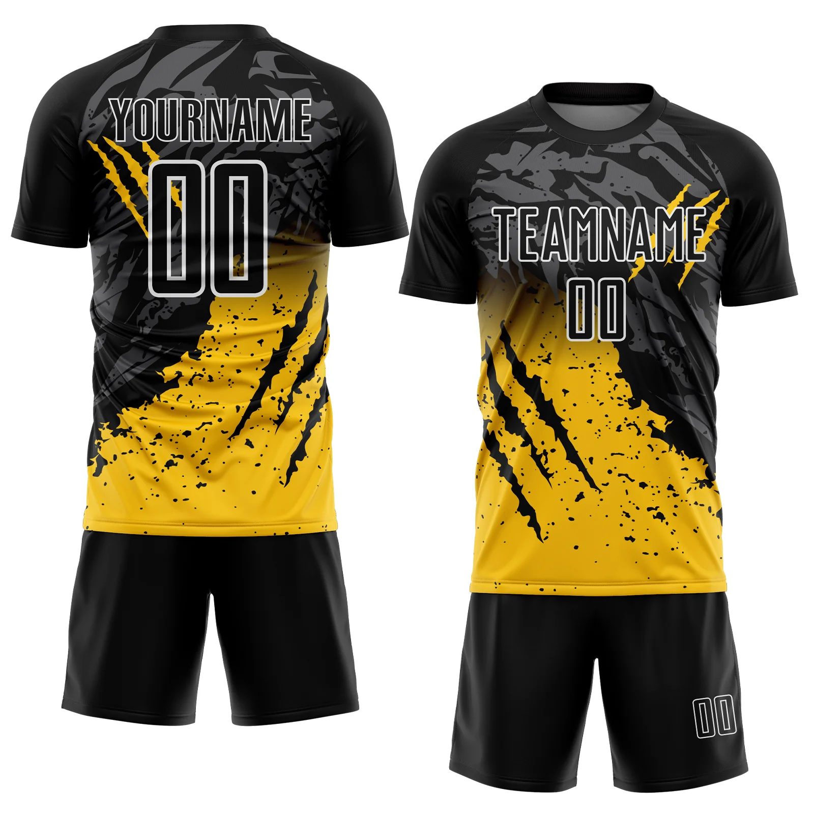 Custom Black Yellow-White Gradient Scratch Splash Sublimation Soccer Uniform Jersey - Image 2