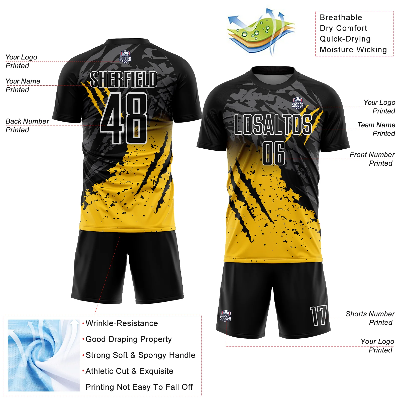 Custom Black Yellow-White Gradient Scratch Splash Sublimation Soccer Uniform Jersey - Image 4