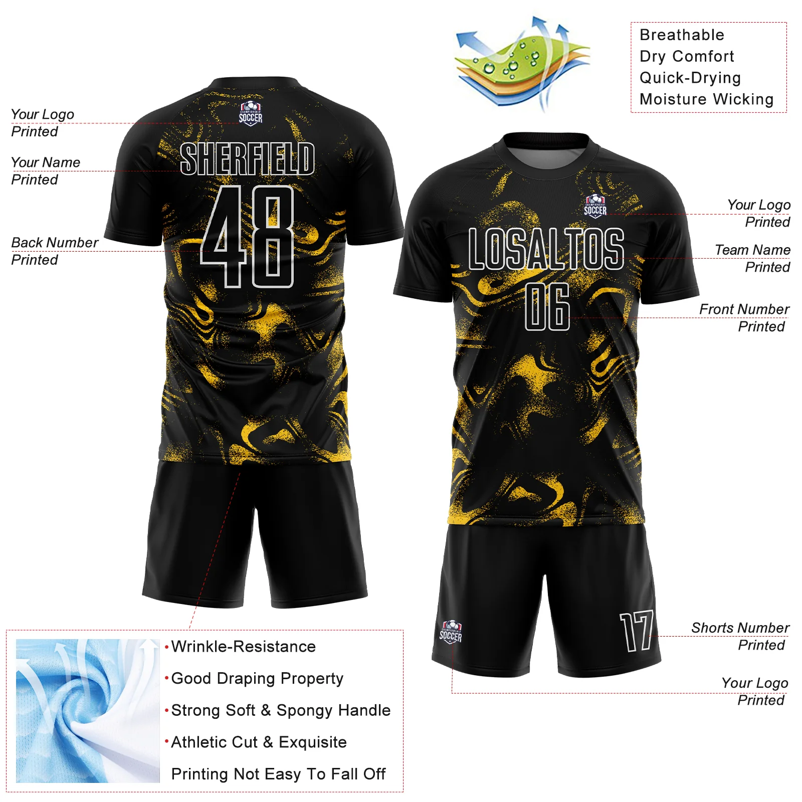 Custom Black Yellow-White Abstract Liquid Sublimation Soccer Uniform Jersey - Image 4