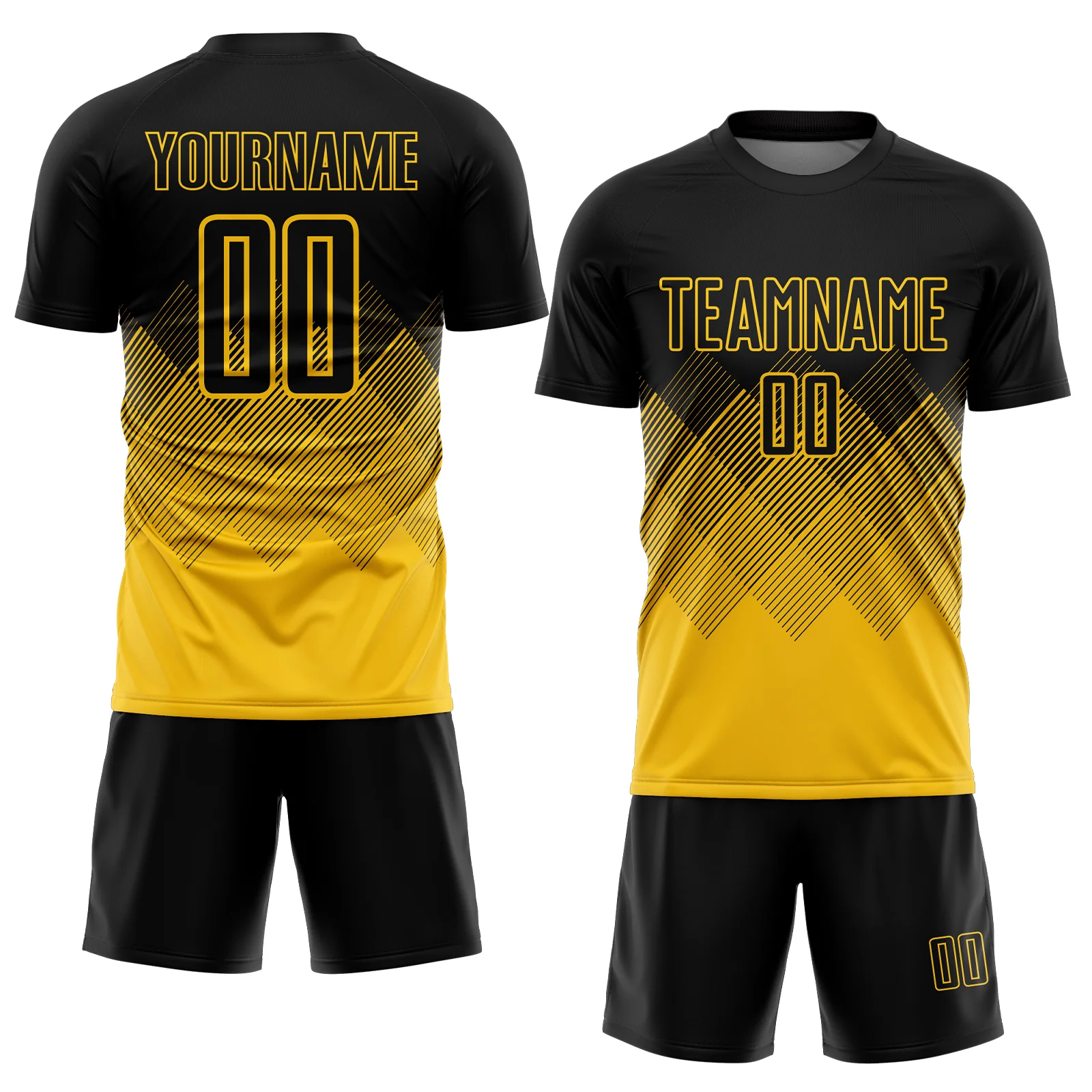 Custom Black Yellow Gradient Diamond Diagonal Lines Sports Sublimation Soccer Uniform Jersey - Image 2