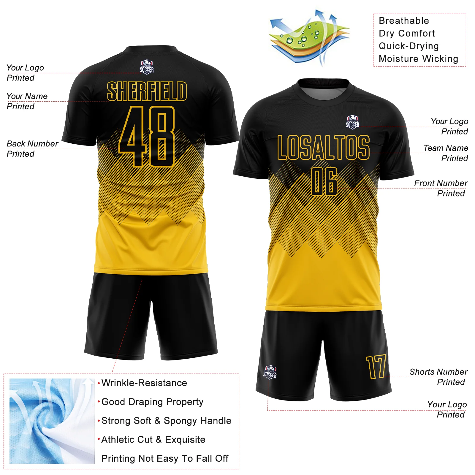 Custom Black Yellow Gradient Diamond Diagonal Lines Sports Sublimation Soccer Uniform Jersey - Image 4