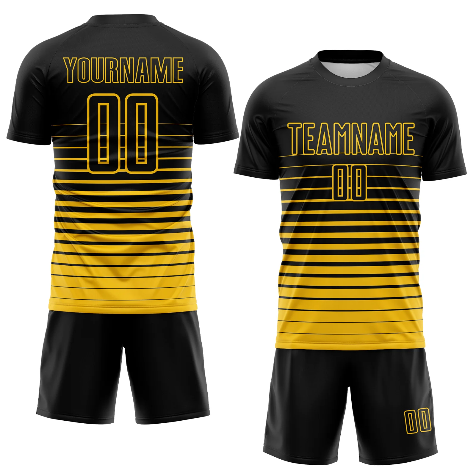 Custom Black Yellow Gradient Pinstripe Sublimation Soccer Uniform Jersey - Image 2