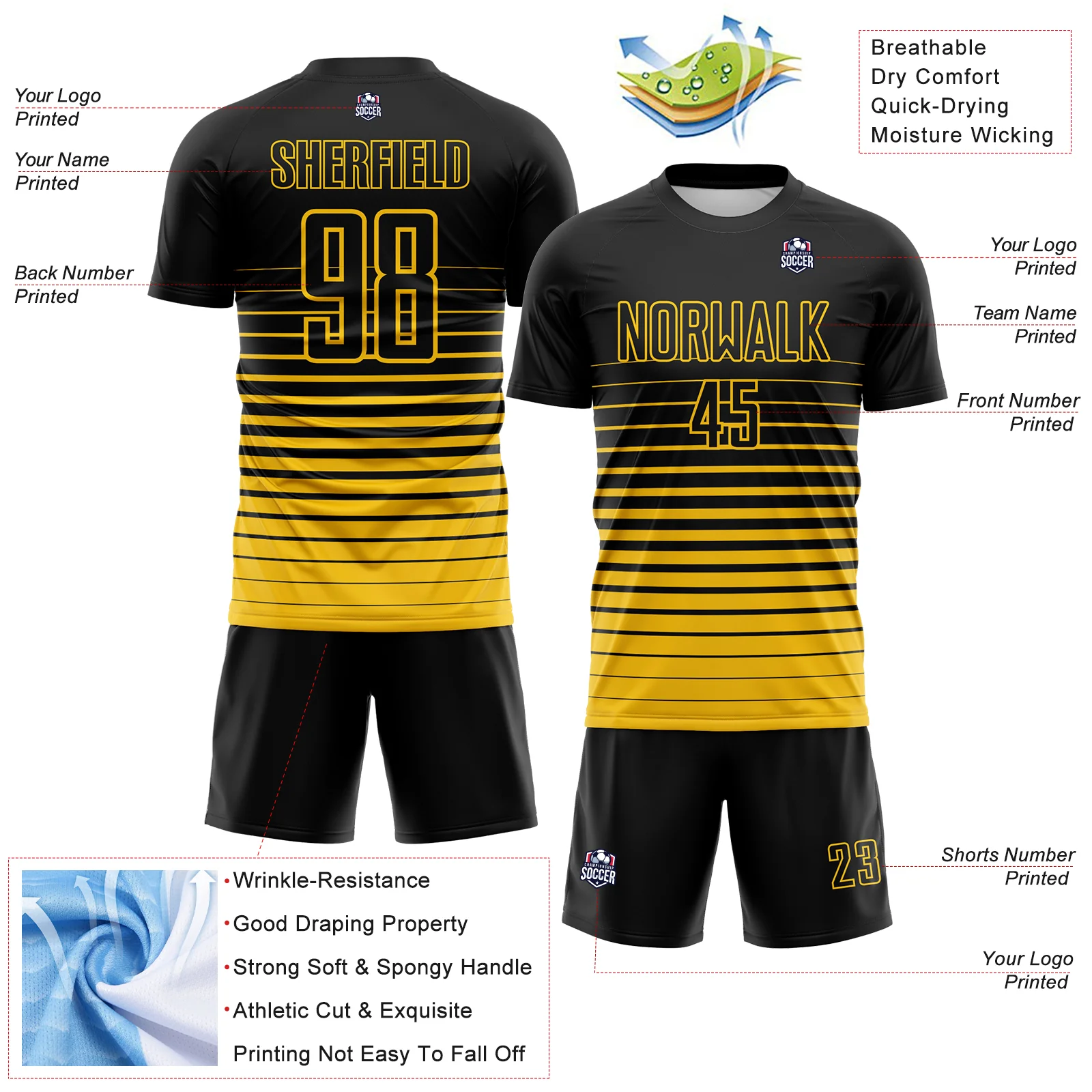 Custom Black Yellow Gradient Pinstripe Sublimation Soccer Uniform Jersey - Image 4