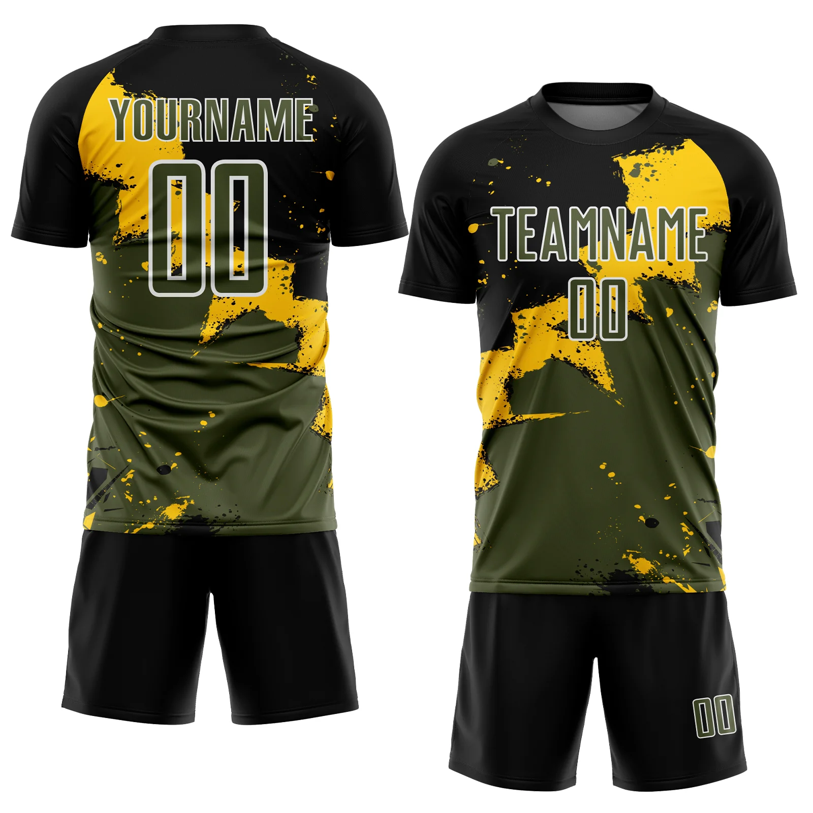 Custom Black Olive-Yellow Spalsh Sublimation Soccer Uniform Jersey - Image 2