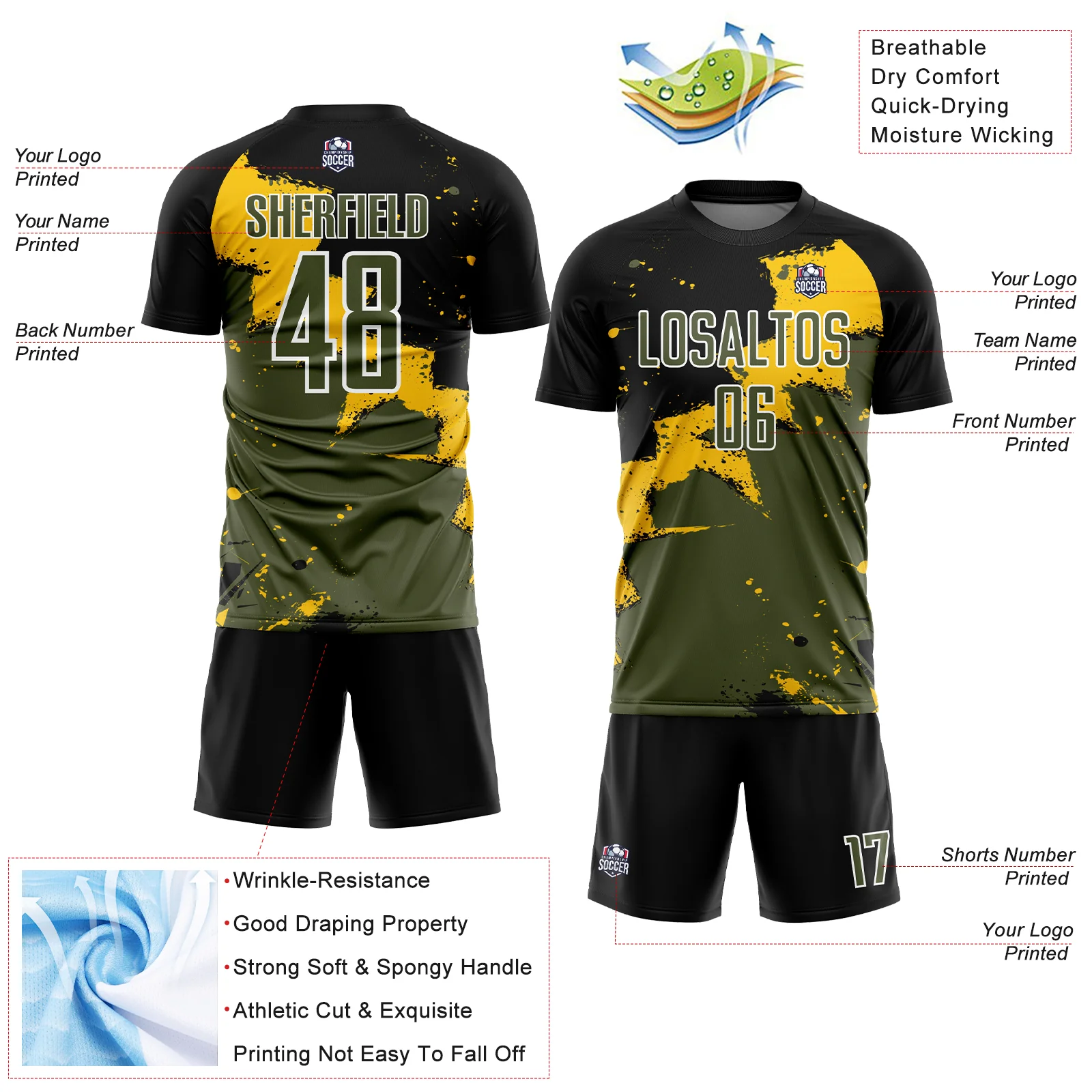 Custom Black Olive-Yellow Spalsh Sublimation Soccer Uniform Jersey - Image 4