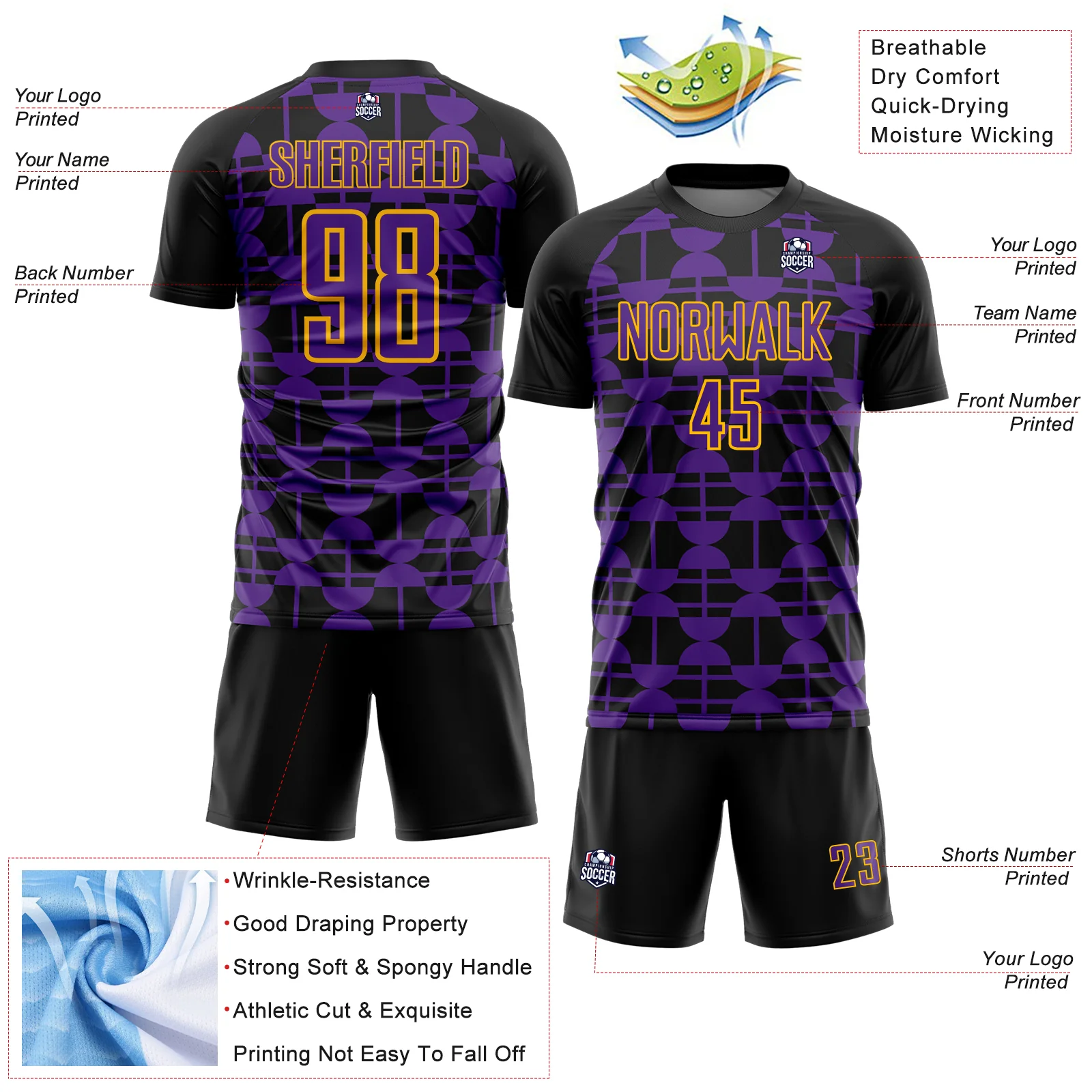 Custom Black Purple-Yellow Geometric Shapes Sports Sublimation Soccer Uniform Jersey - Image 4