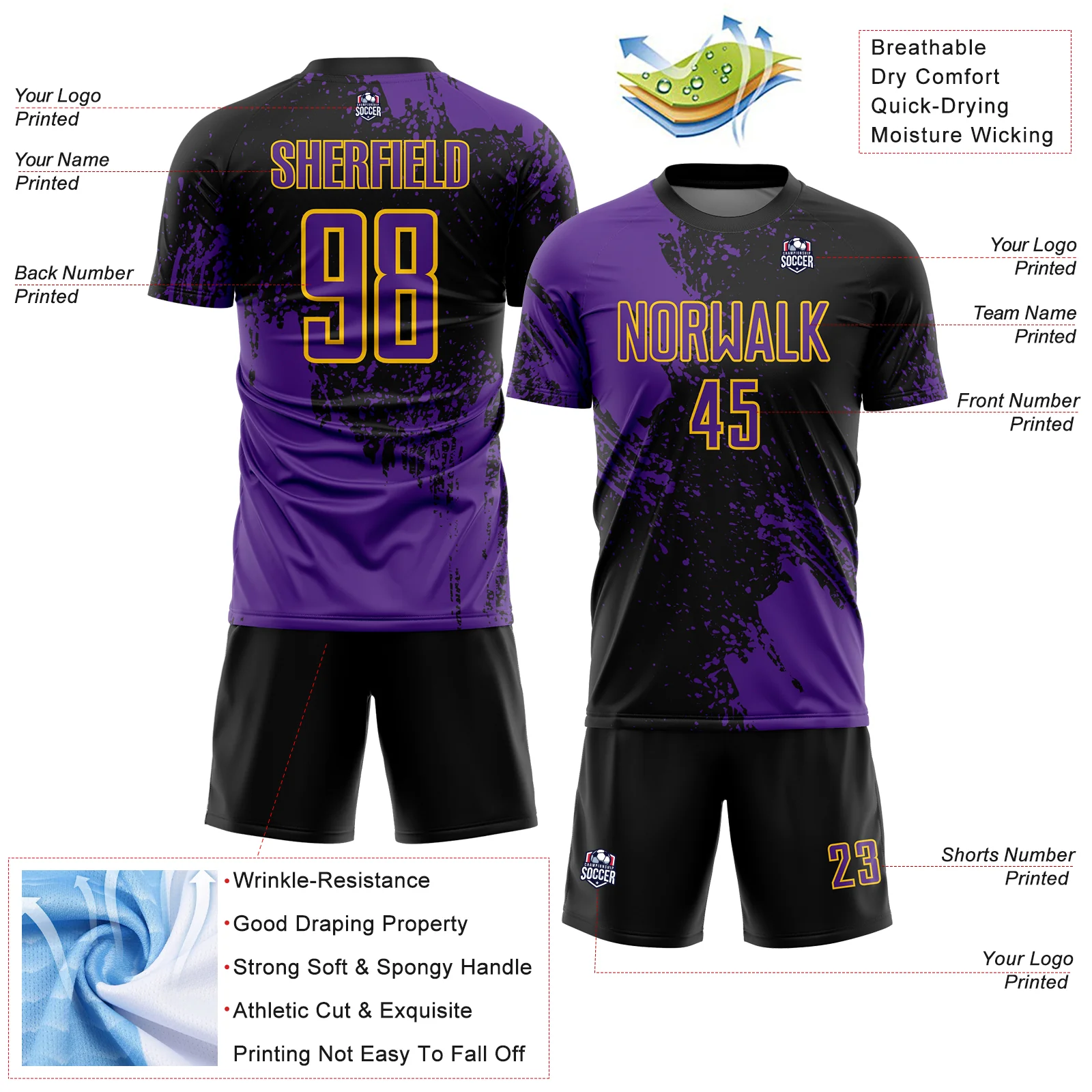 Custom Black Purple-Yellow Abstract Brush Stroke Sports Sublimation Soccer Uniform Jersey - Image 4