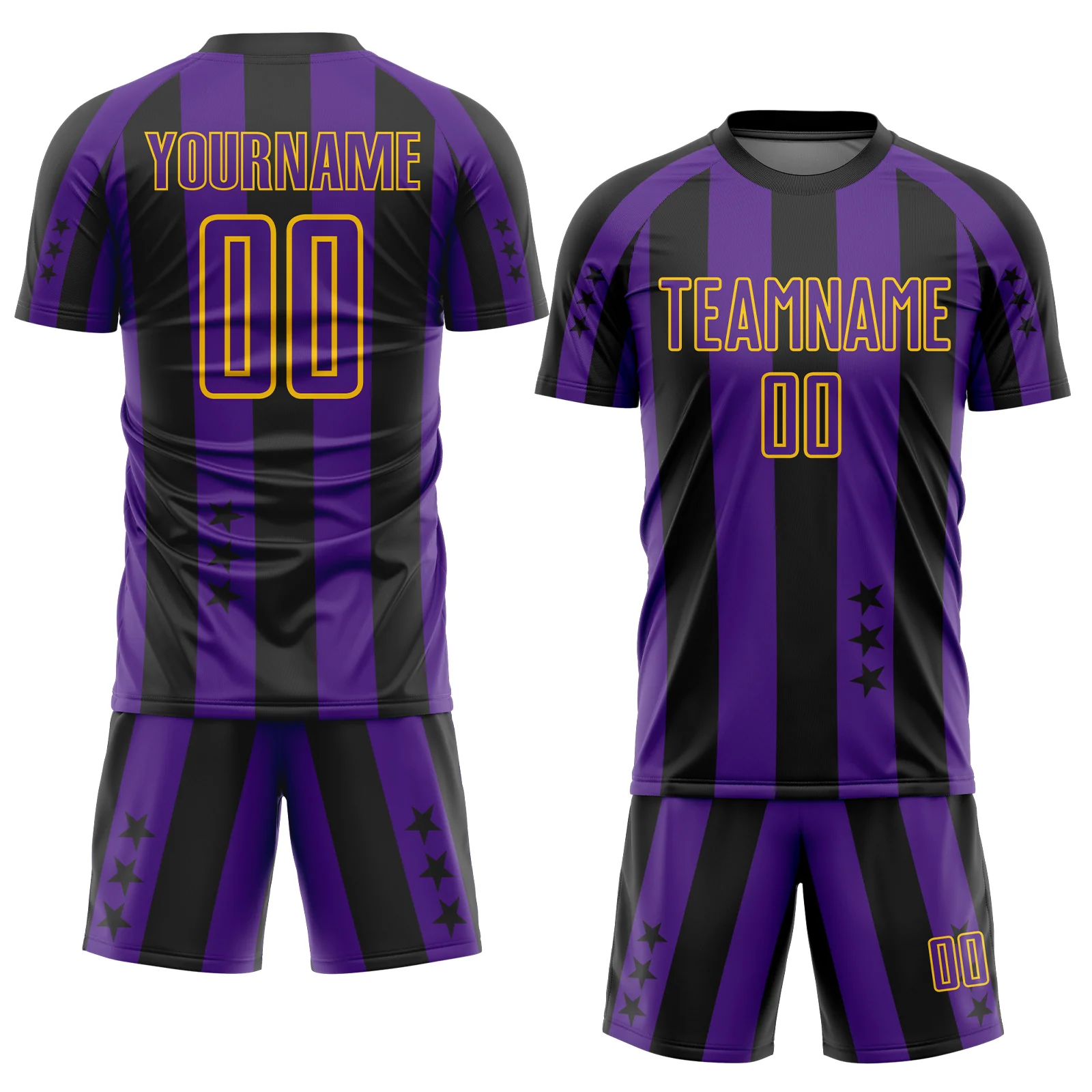 Custom Black Purple-Yellow Stars And Stripes Sports Sublimation Soccer Uniform Jersey - Image 2