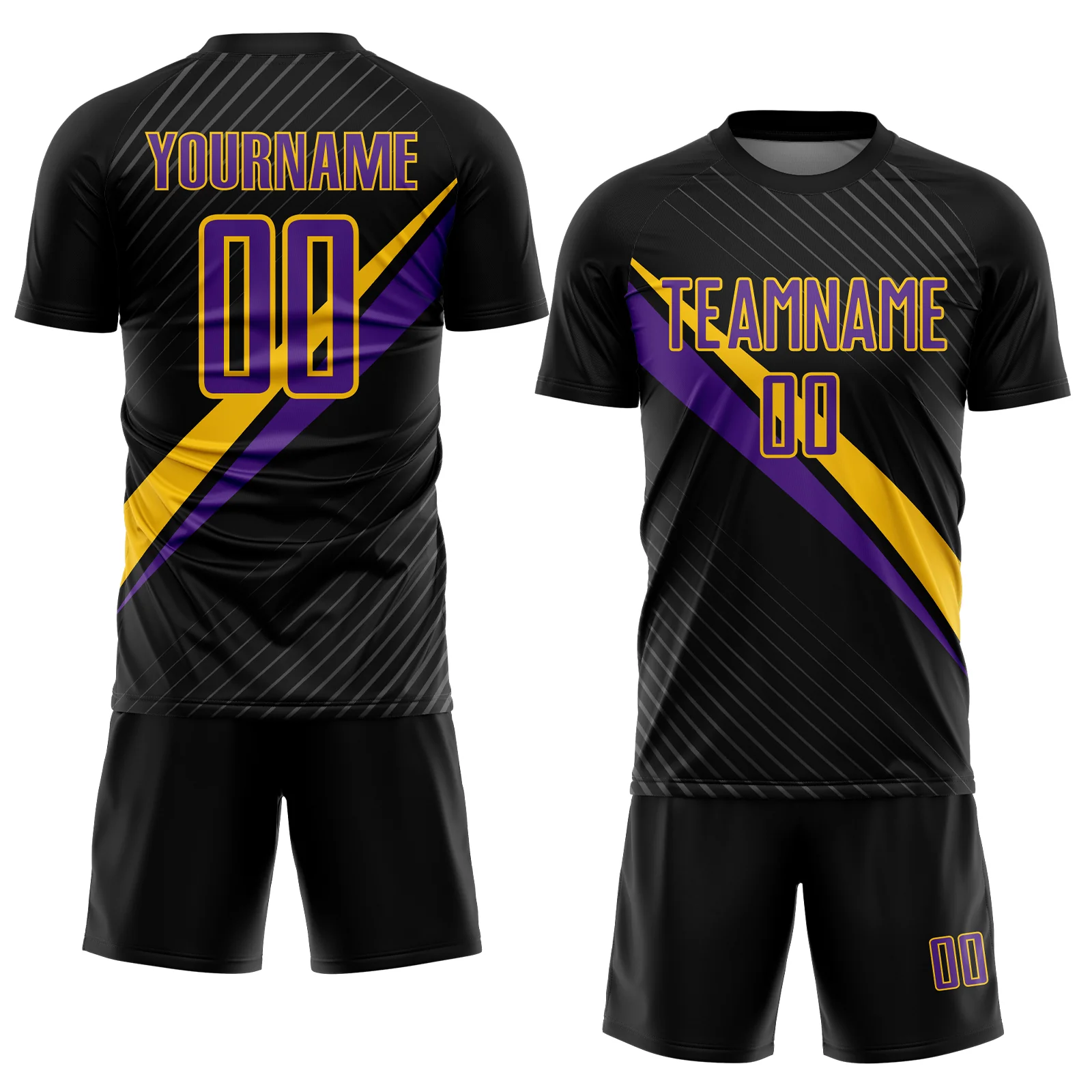 Custom Black Purple-Yellow Diagonal Stripes Sports Sublimation Soccer Uniform Jersey - Image 2