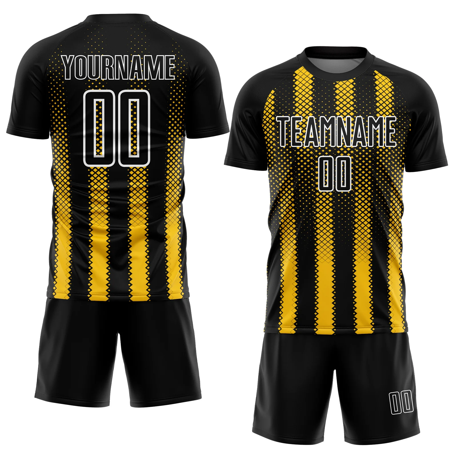 Custom Black Yellow-White Geometric Shape Sublimation Soccer Uniform Jersey - Image 2