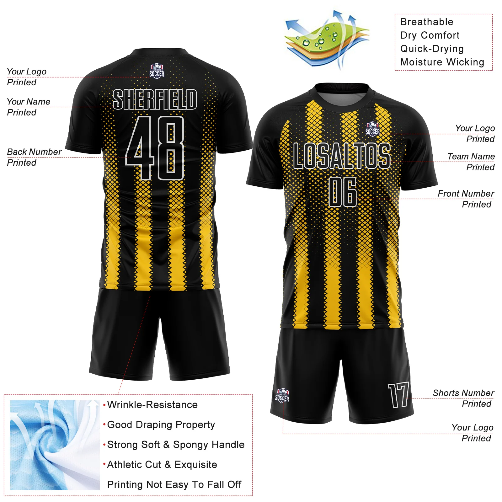 Custom Black Yellow-White Geometric Shape Sublimation Soccer Uniform Jersey - Image 4