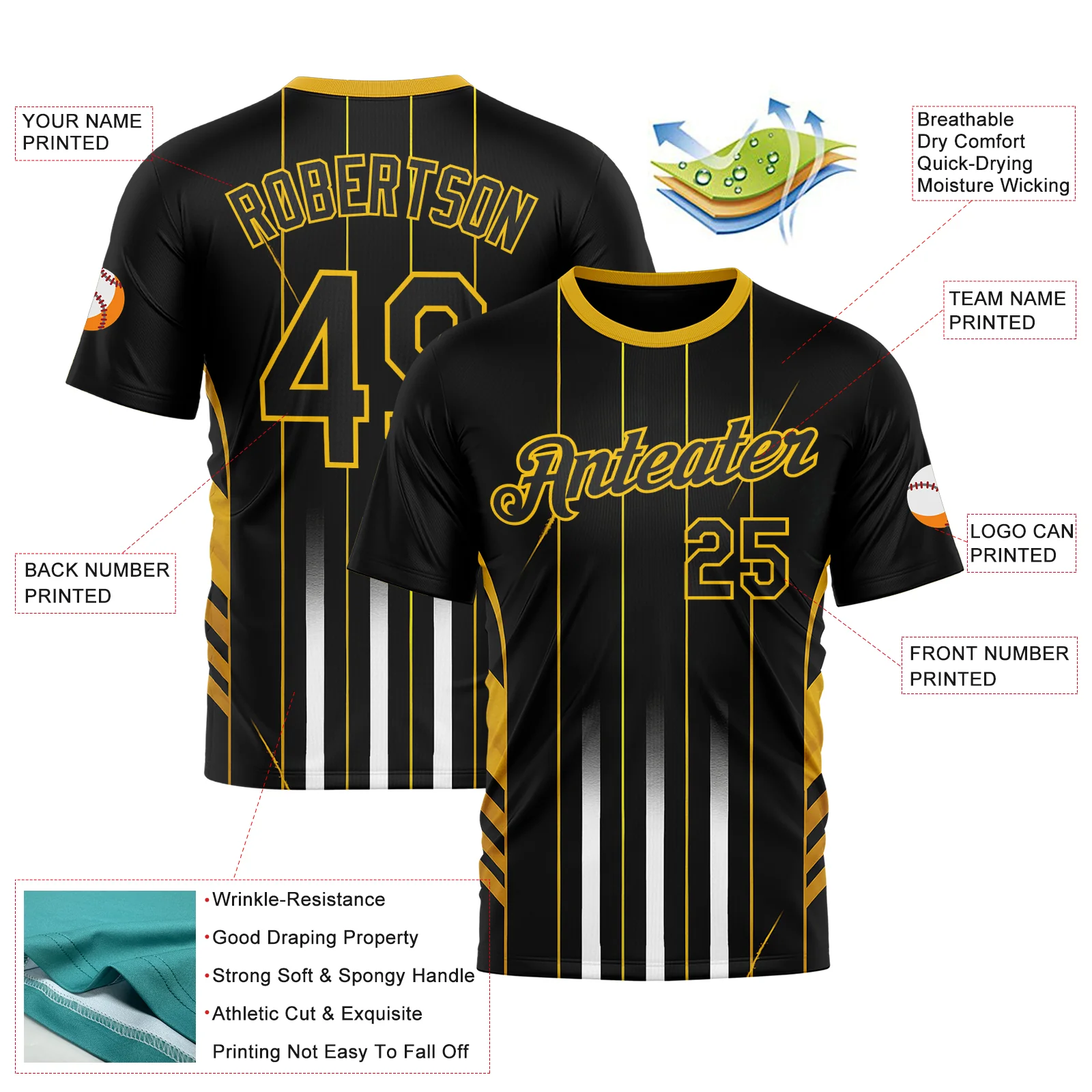 Custom Black Yellow 3D Pattern Design Germany Stripe Sportswear Performance T-Shirt - Image 2