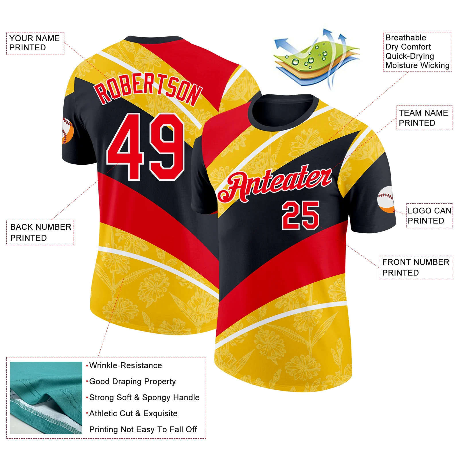 Custom Black Fire Red Yellow-White Germany Flower Soccer Jersey Performance T-Shirt - Image 2