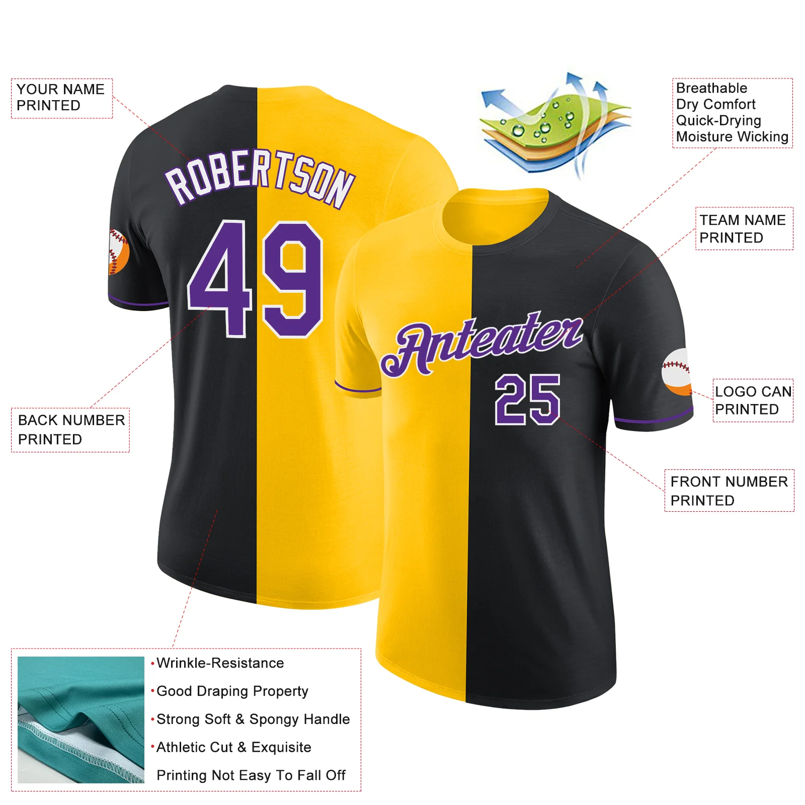 Custom Black Purple-Yellow Split Fashion Performance T-Shirt - Image 2