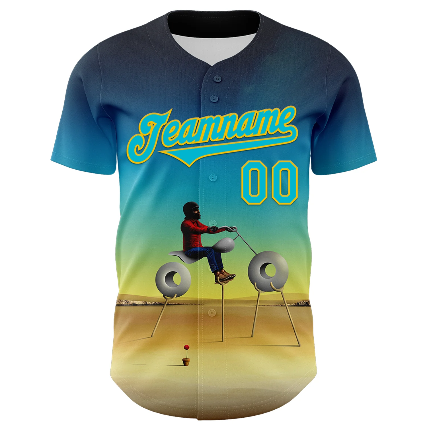 Custom Blue Lakes Blue-Yellow 3D Marcel Caram Man With Motorcycle Authentic Baseball Jersey - Image 2