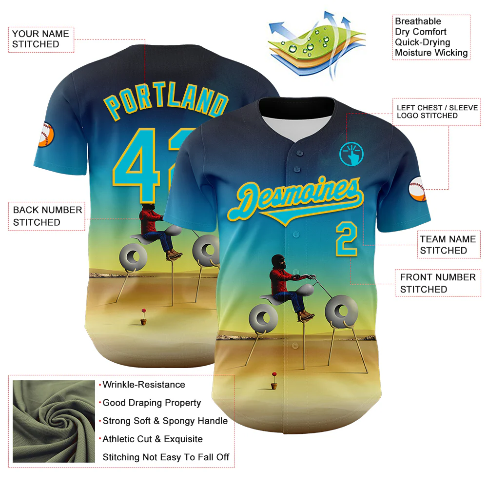 Custom Blue Lakes Blue-Yellow 3D Marcel Caram Man With Motorcycle Authentic Baseball Jersey - Image 3