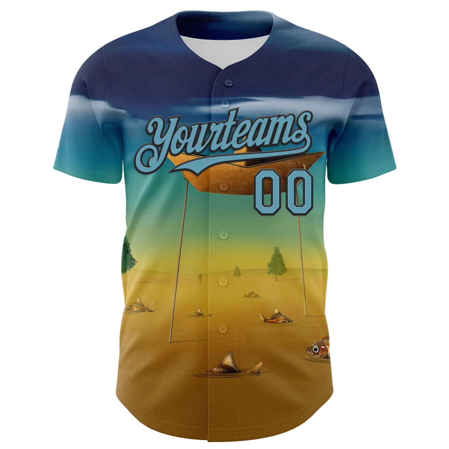 Custom Blue Shadow Blue Yellow-Black 3D Marcel Caram Metaphysical Scene With Little Boat Authentic Baseball Jersey - Image 2