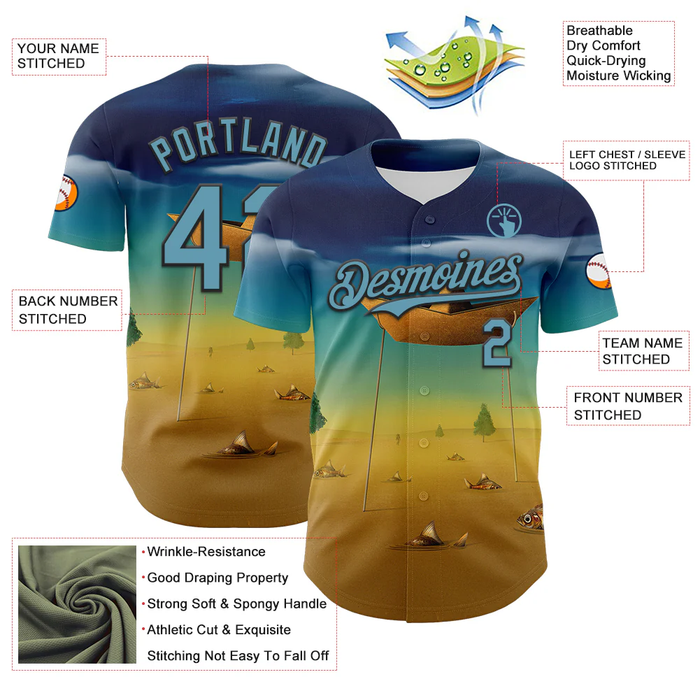 Custom Blue Shadow Blue Yellow-Black 3D Marcel Caram Metaphysical Scene With Little Boat Authentic Baseball Jersey - Image 3