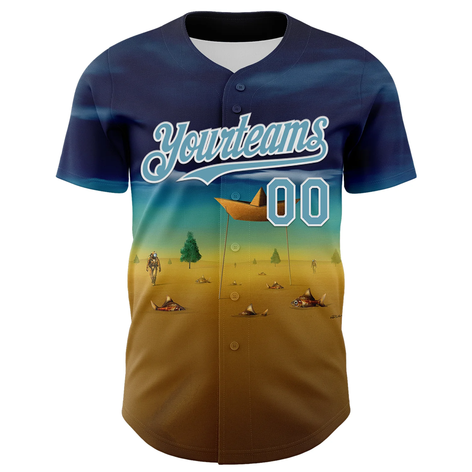 Custom Blue Shadow Blue Yellow-White 3D Marcel Caram Metaphysical Scene With Little Boat Authentic Baseball Jersey - Image 2