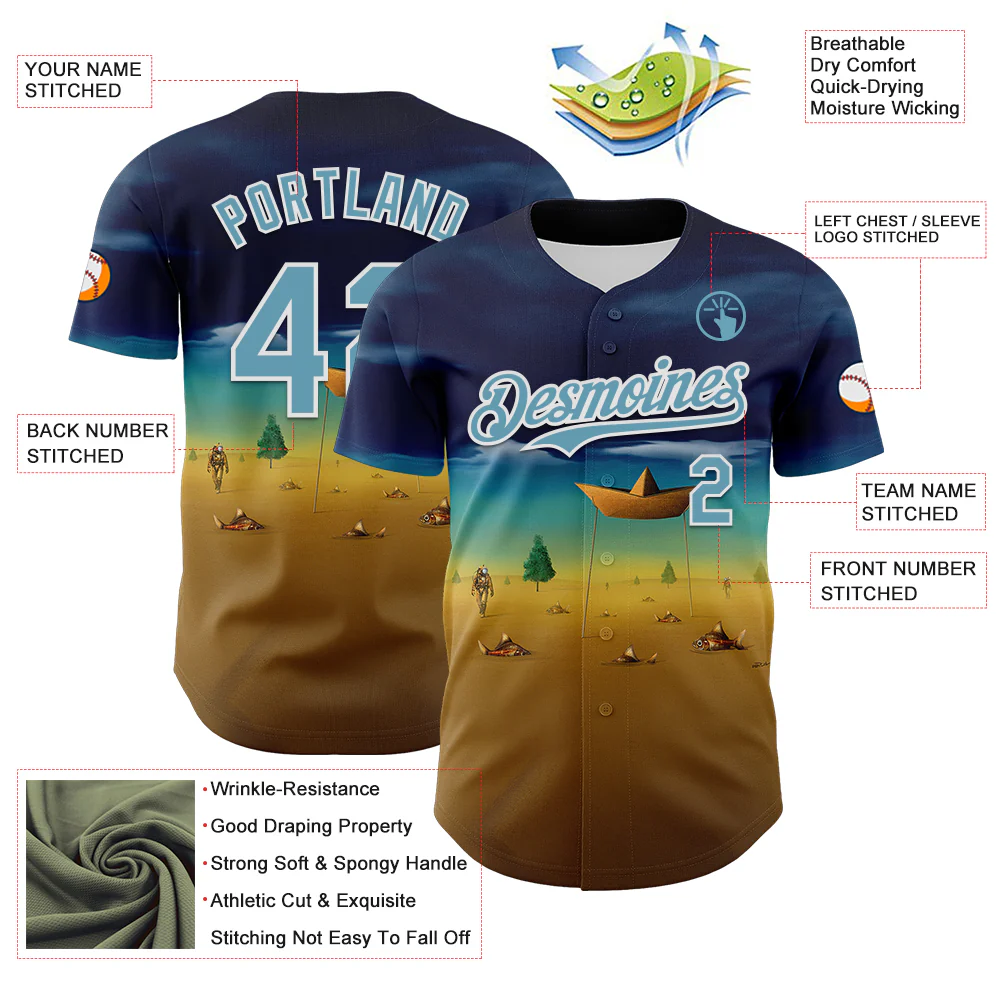 Custom Blue Shadow Blue Yellow-White 3D Marcel Caram Metaphysical Scene With Little Boat Authentic Baseball Jersey - Image 3