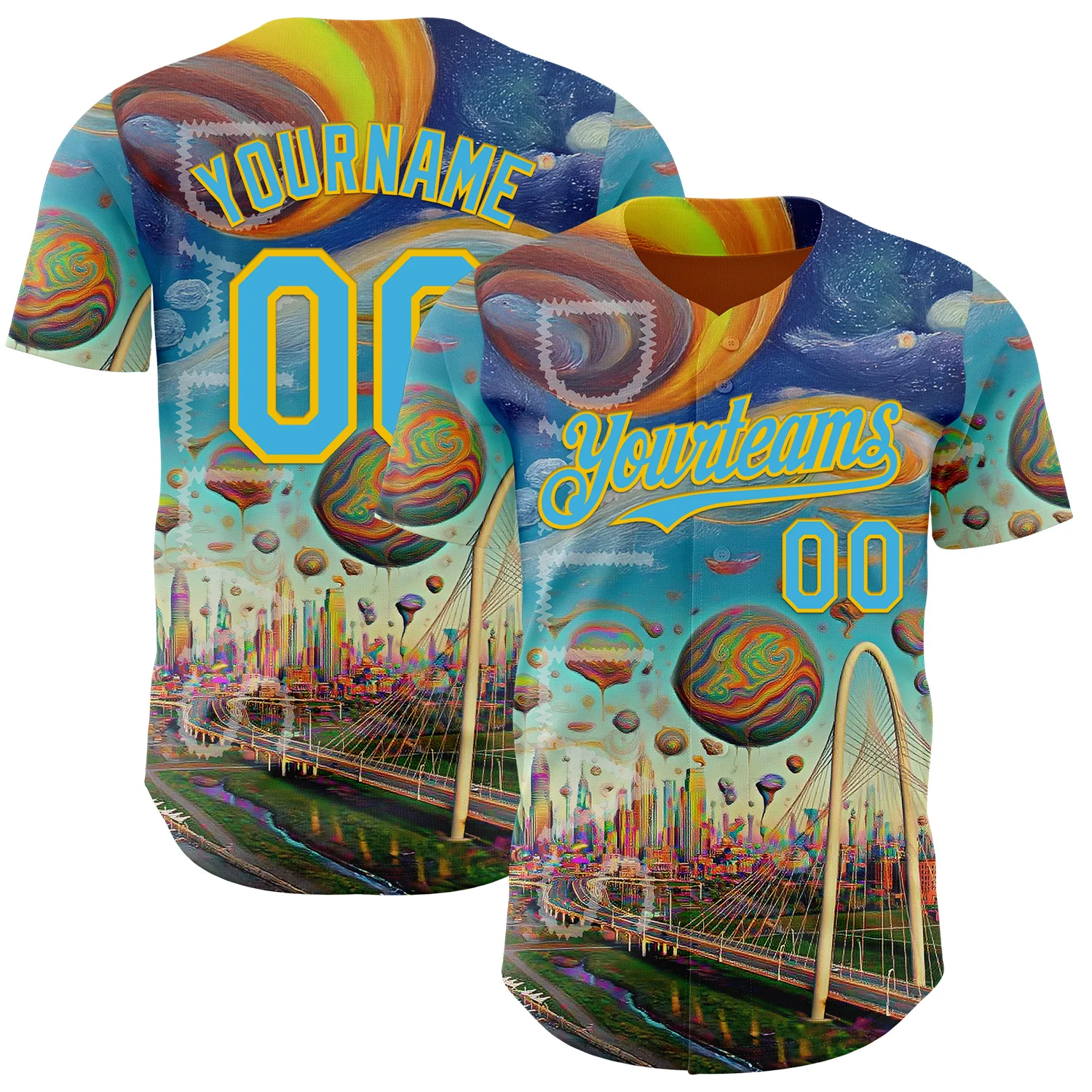 Custom Blue Sky Blue-Yellow Dallas Texas Cityscape Skyline City Symbol Authentic Baseball Jersey
