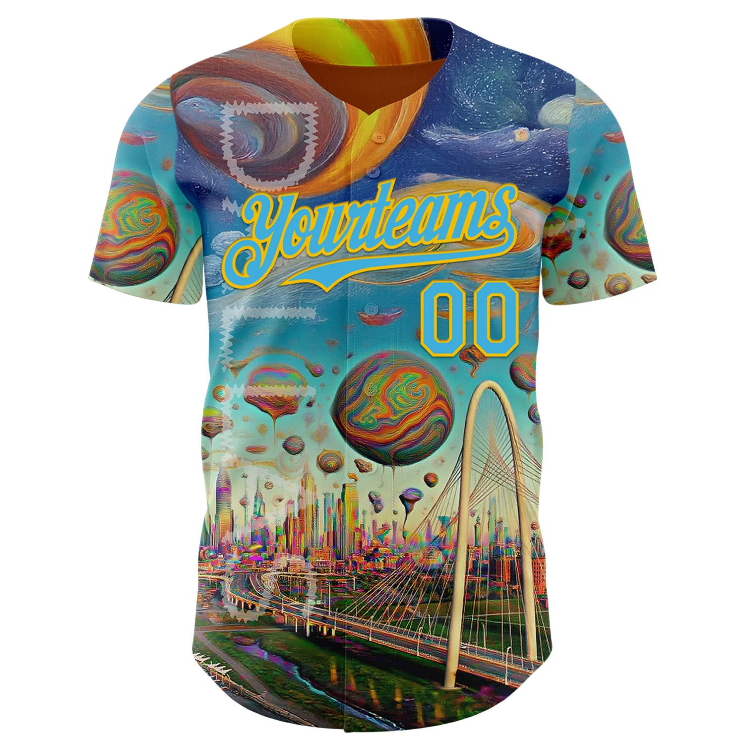 Custom Blue Sky Blue-Yellow Dallas Texas Cityscape Skyline City Symbol Authentic Baseball Jersey - Image 2