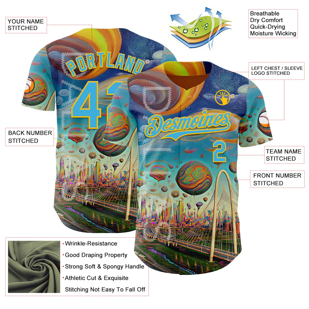 Custom Blue Sky Blue-Yellow Dallas Texas Cityscape Skyline City Symbol Authentic Baseball Jersey - Image 3