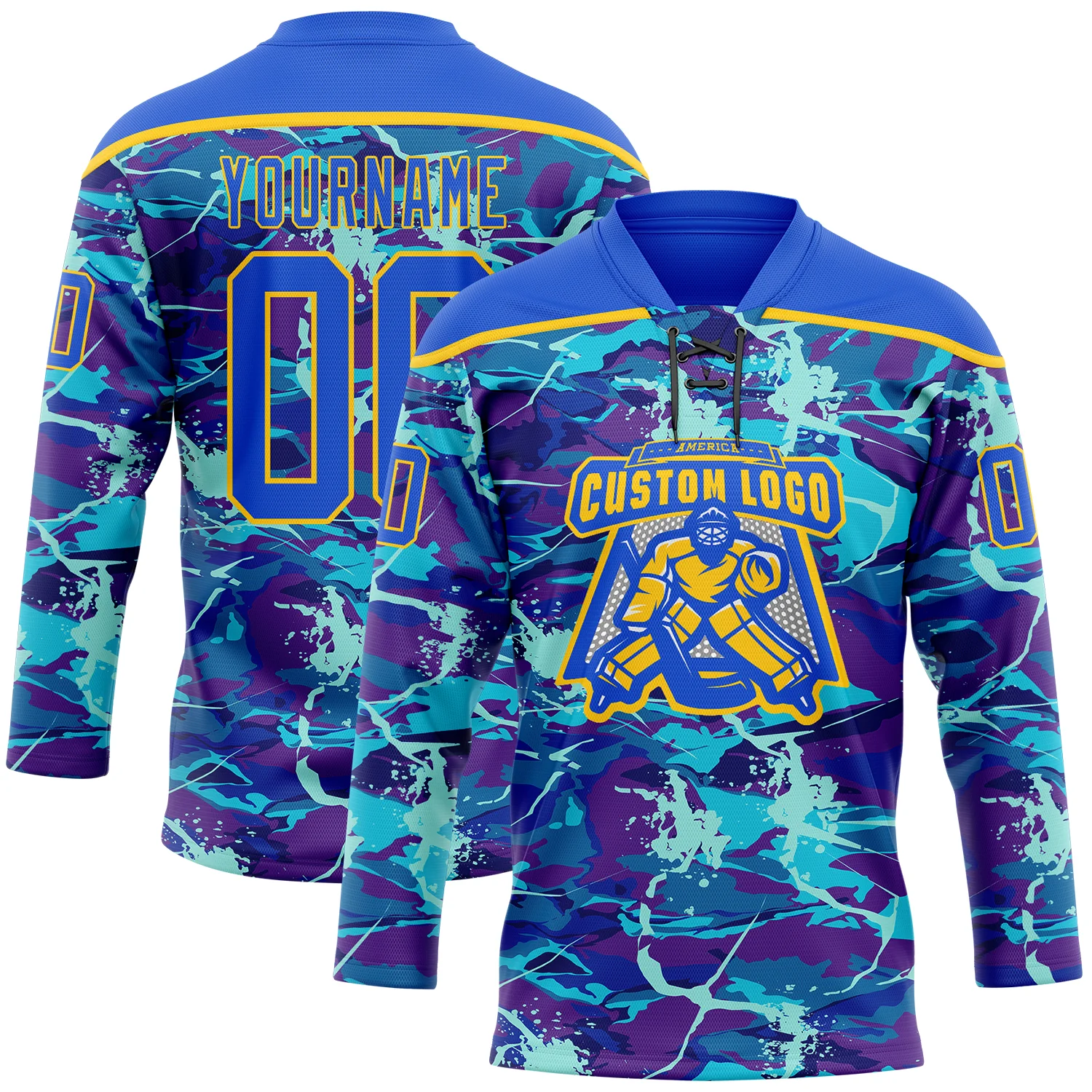 Custom Blue Thunder Blue-Yellow Lightning Hockey Lace Neck Jersey - Image 2