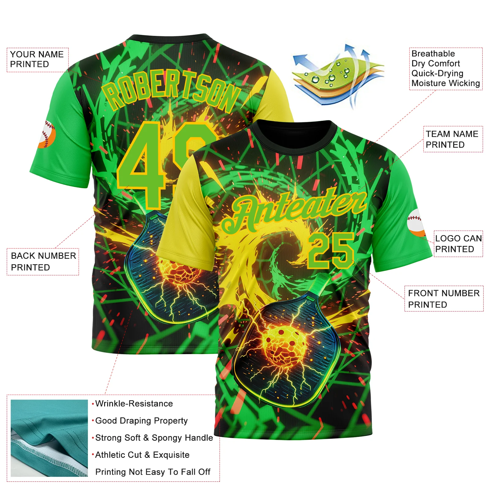 Custom Blue Aurora Green-Yellow 3D Charged Pickleball Paddles Balls Performance T-Shirt - Image 2