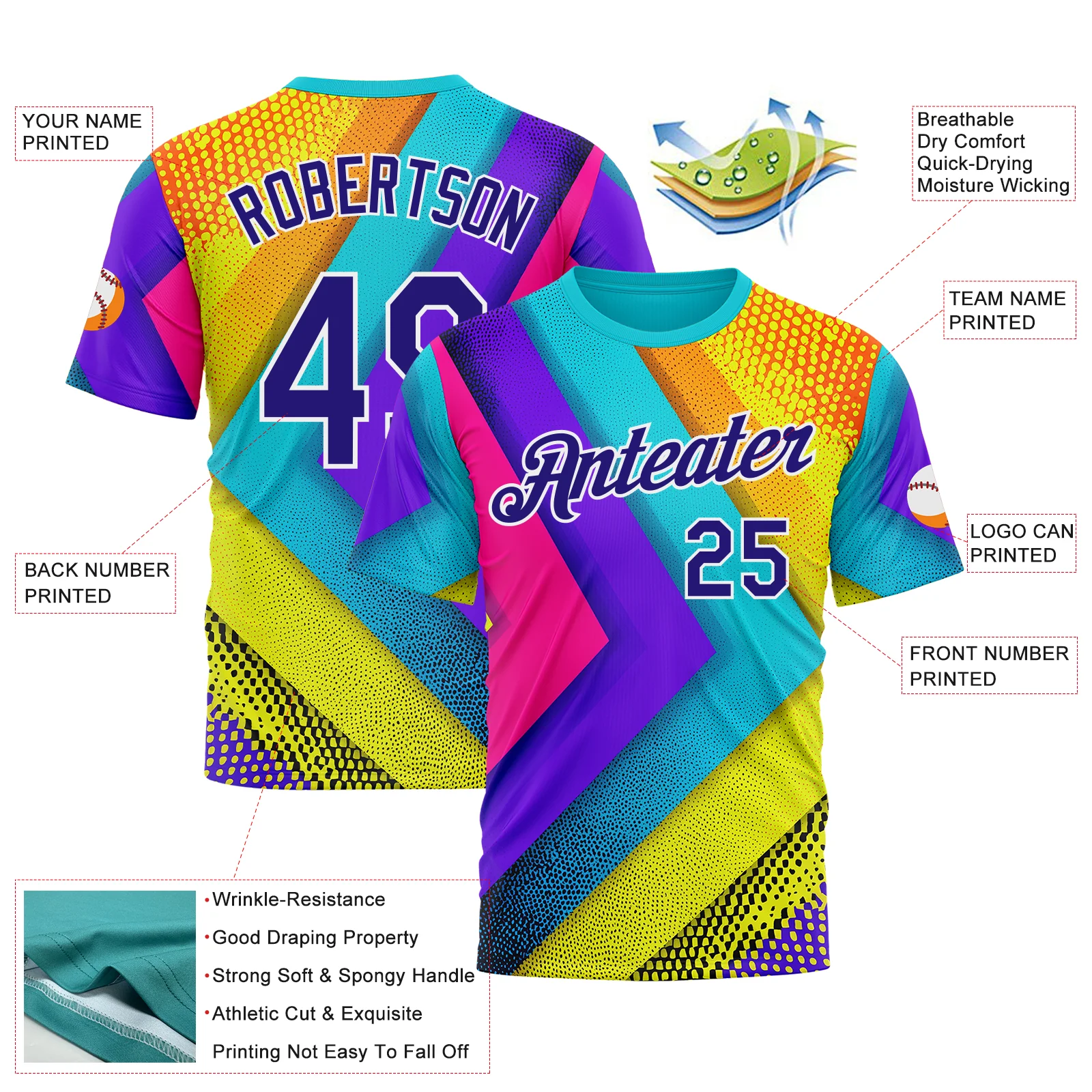 Custom Blue Dark Purple Yellow-Pink 3D Pattern Design Chromatic Geometric Shape Sportswear Performance T-Shirt - Image 2