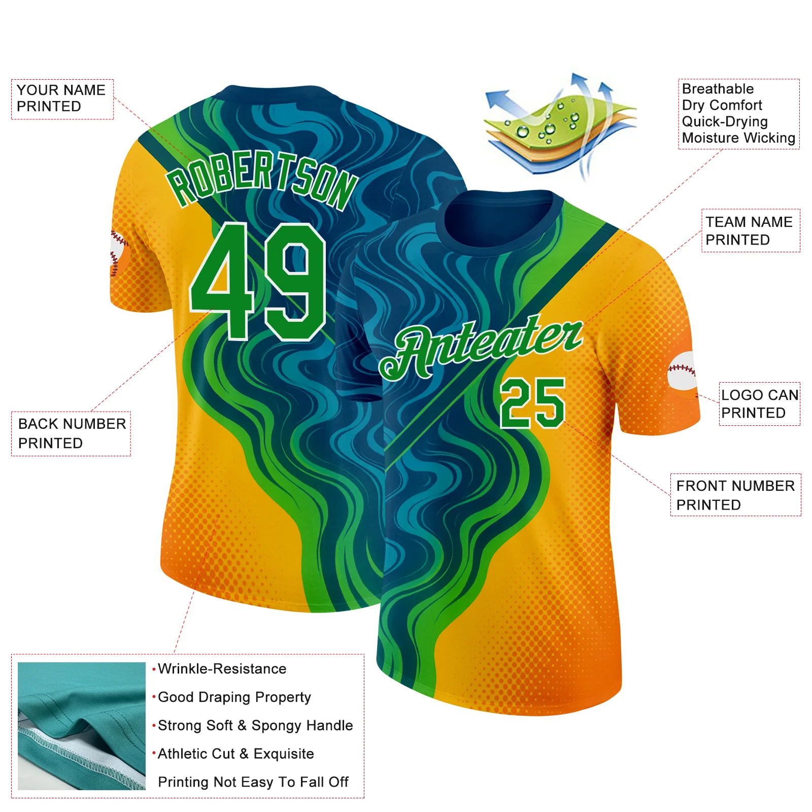 Custom Blue Grass Green Yellow-White 3D Pattern Design Brazil Marbel Sportswear Performance T-Shirt - Image 2