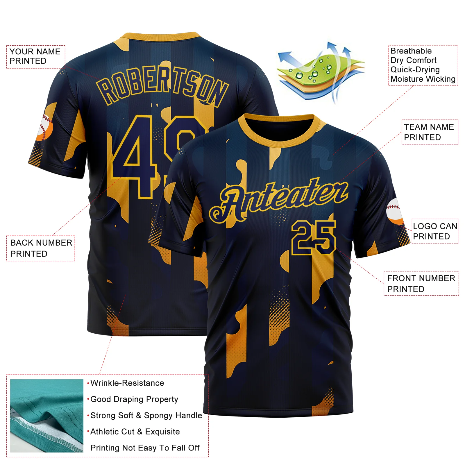 Custom Blue Navy-Yellow 3D Pattern Design Geometric Shape Stripe Sportswear Performance T-Shirt - Image 2