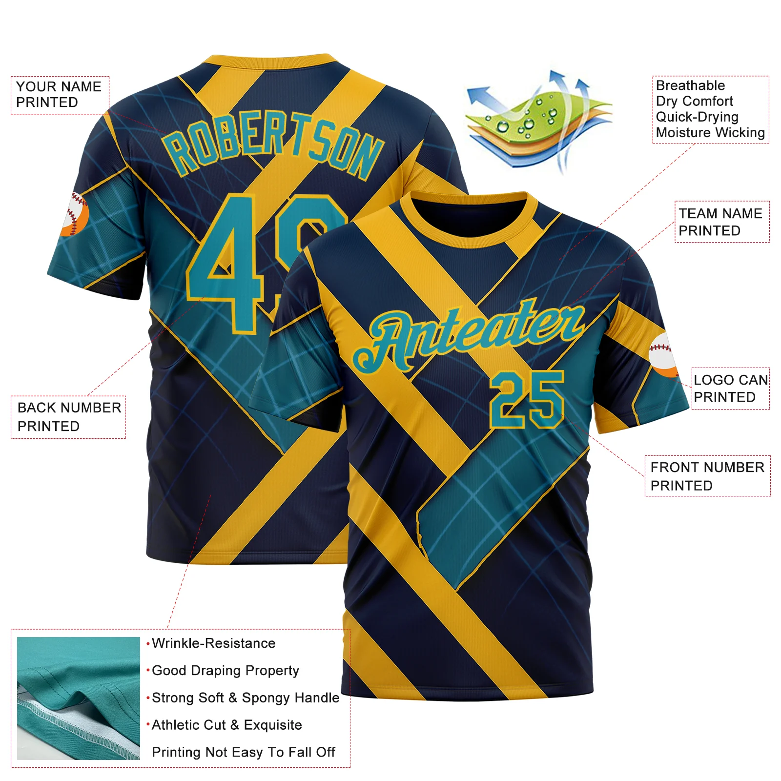 Custom Blue Teal-Yellow 3D Pattern Design Brazil Geometric Shape Sportswear Performance T-Shirt - Image 2