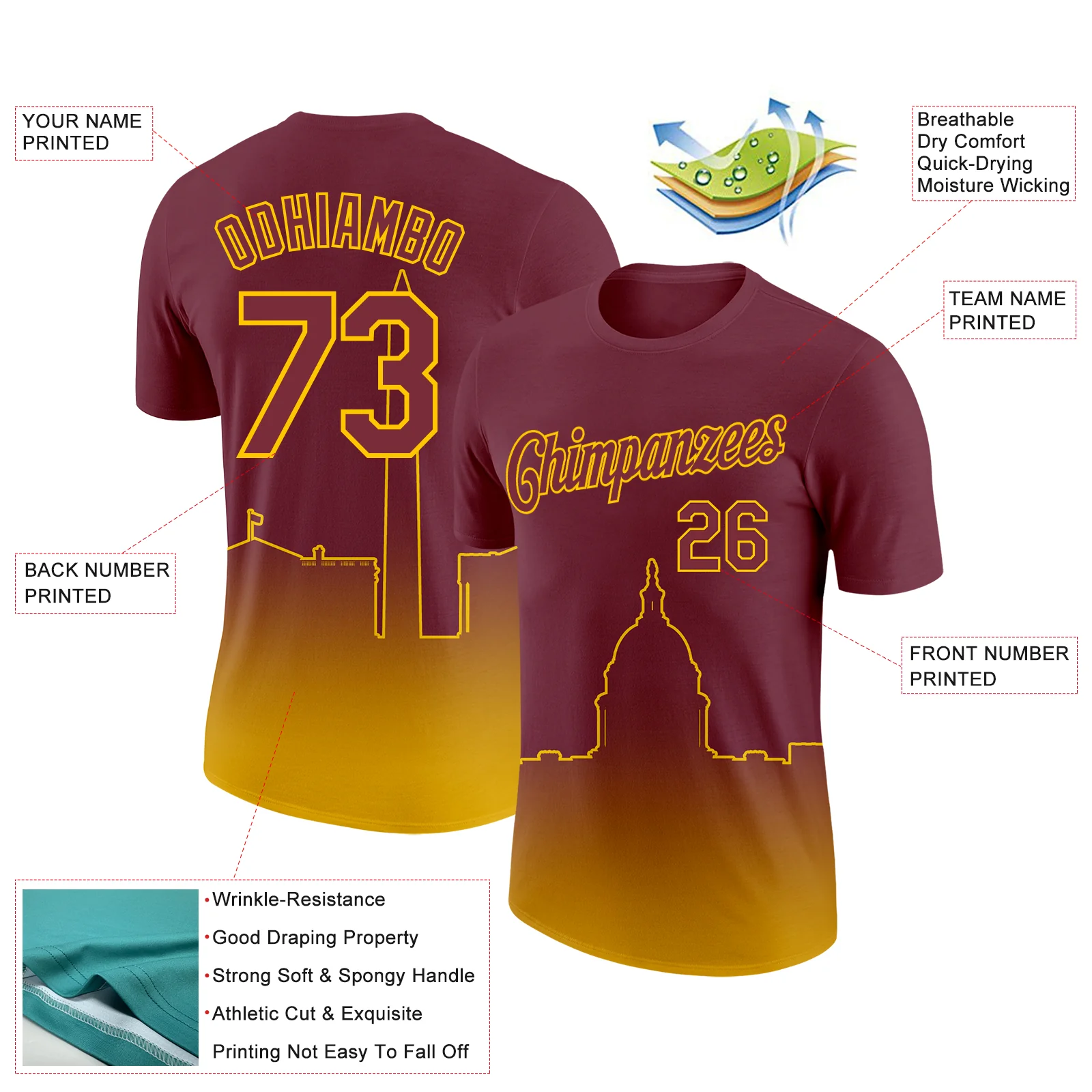 Custom Burgundy Yellow 3D Washington City Edition Fade Fashion Performance T-Shirt - Image 2