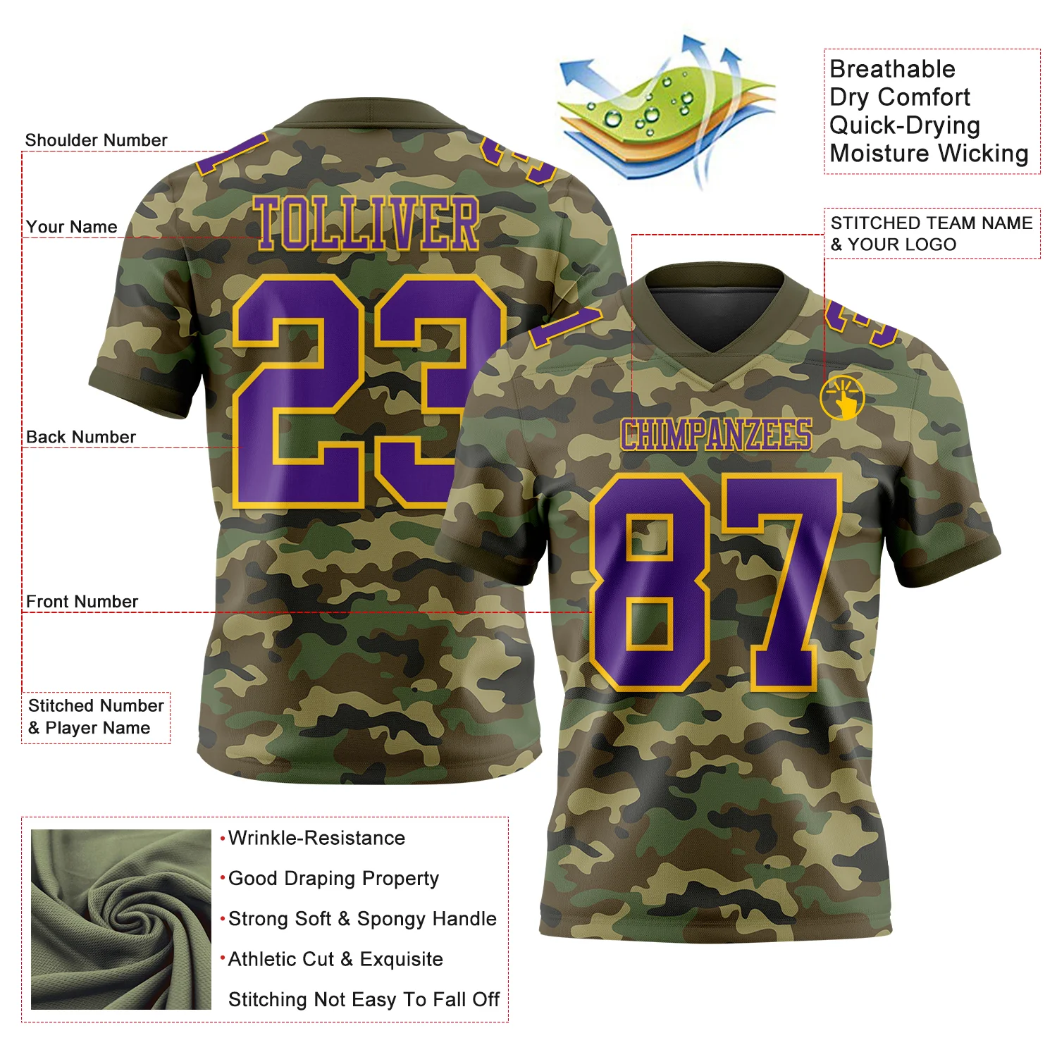 Custom Camo Purple-Yellow 3D Pattern Salute To Service Authentic Football Jersey - Image 3