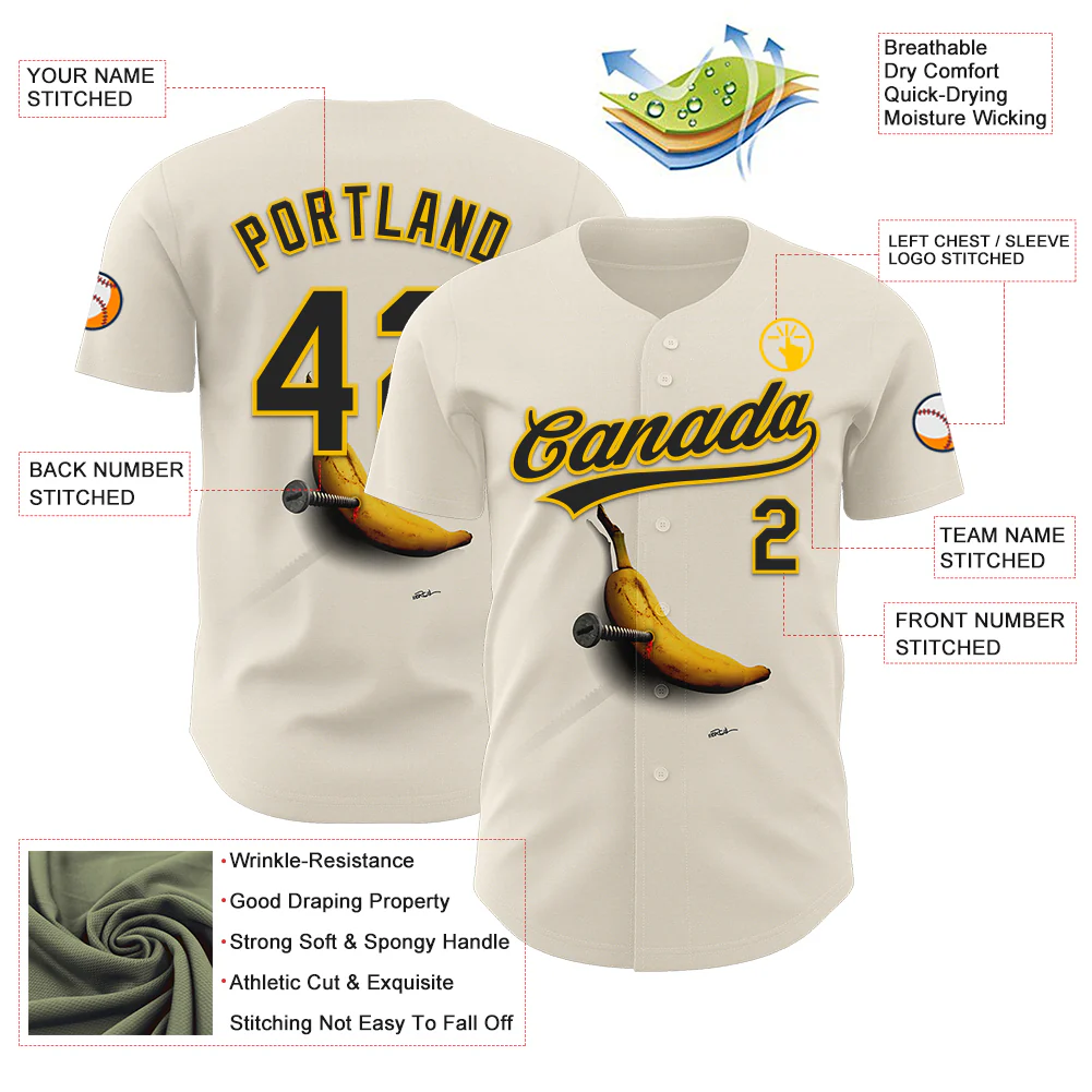 Custom Cream Black-Yellow 3D Marcel Caram Bananas Reinterpretation Authentic Baseball Jersey - Image 3