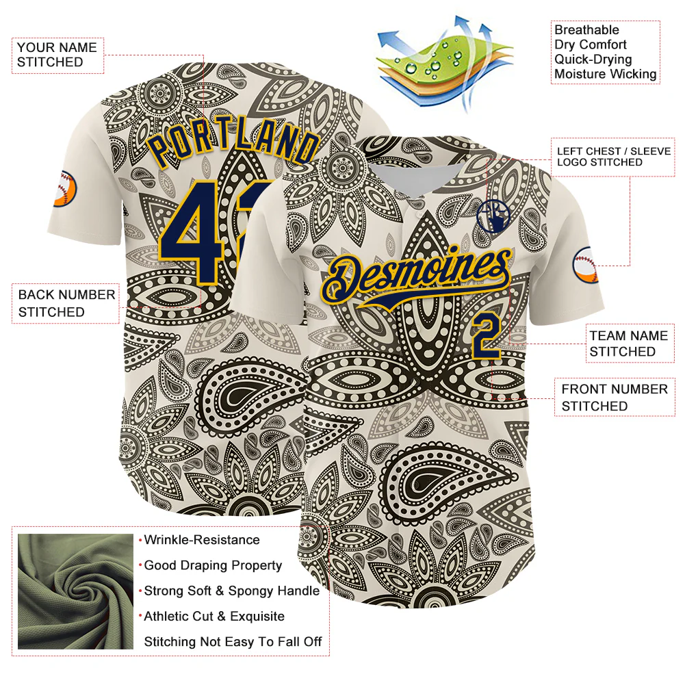 Custom Cream Navy-Yellow 3D Pattern Design Burner Costumes Paisley Bandana Authentic Baseball Jersey - Image 3