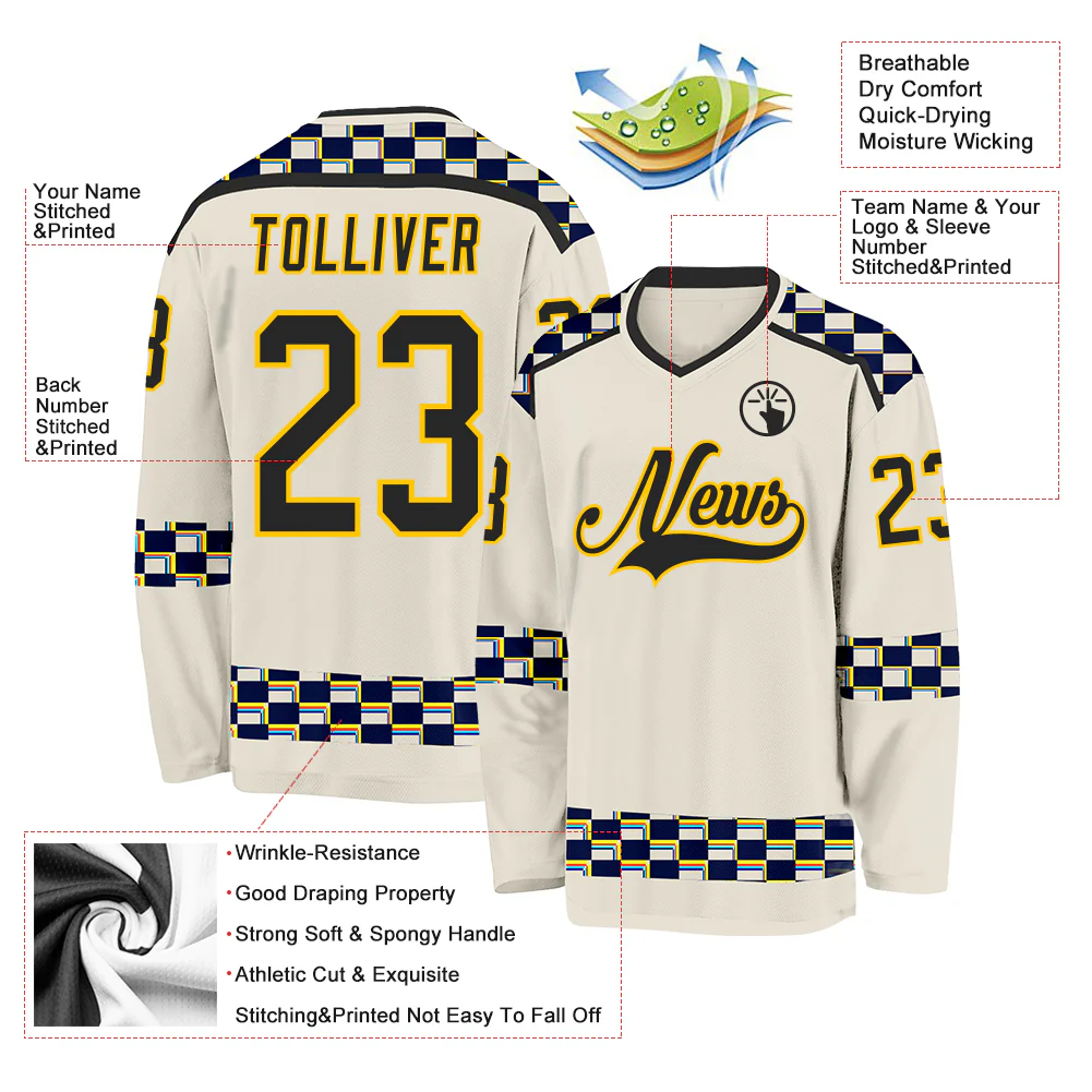 Custom Cream Black Yellow Red-Blue Plaid Hockey Jersey - Image 5