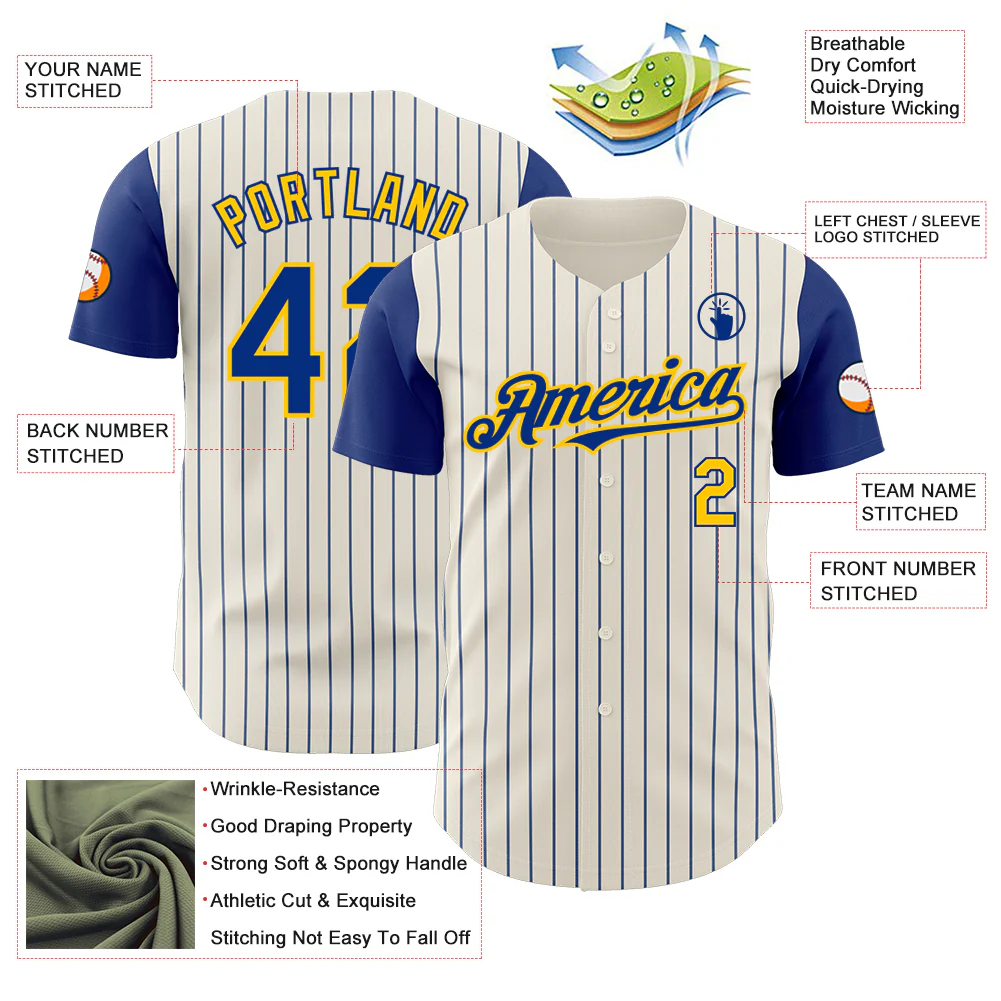 Custom Cream Royal Pinstripe Yellow Authentic Two Tone Baseball Jersey - Image 3