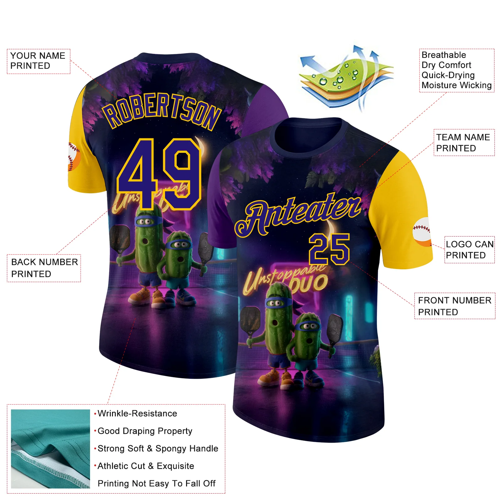 Custom Dark Purple Yellow 3D Funny Pickleball Paddles Balls Performance T-Shirt - Image 2